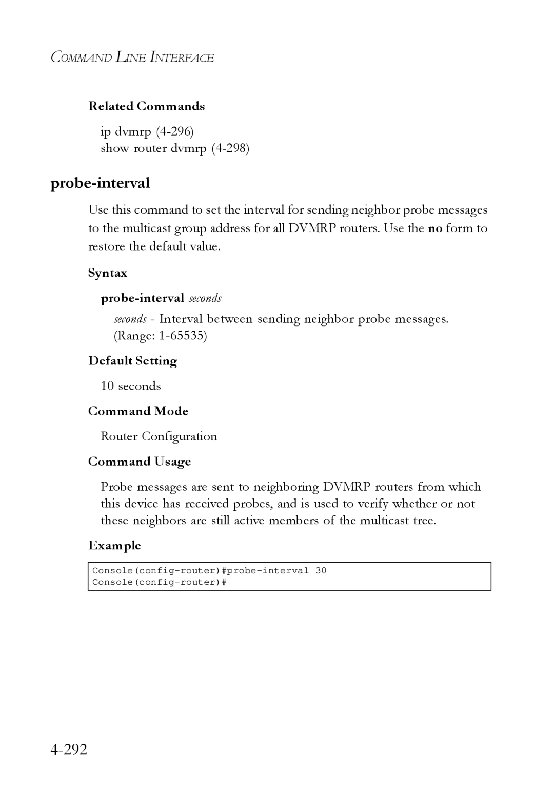 SMC Networks SMC6724L3 manual 292, Ip dvmrp Show router dvmrp, Syntax Probe-interval seconds 