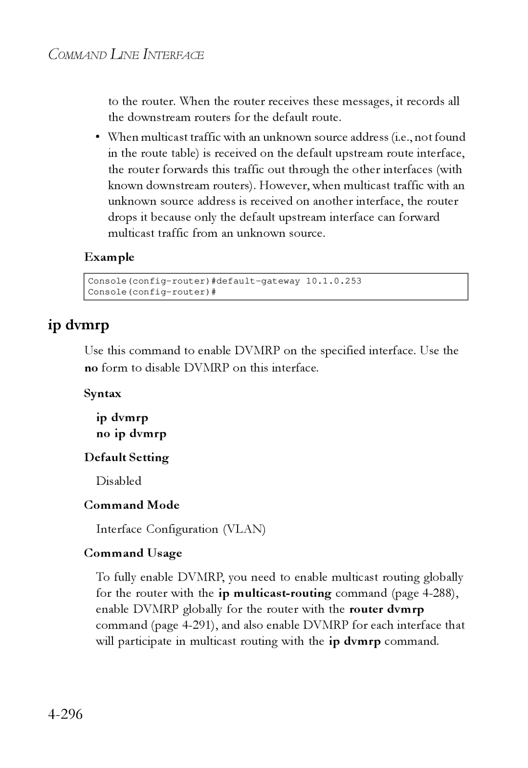 SMC Networks SMC6724L3 manual 296, Syntax Ip dvmrp no ip dvmrp Default Setting 