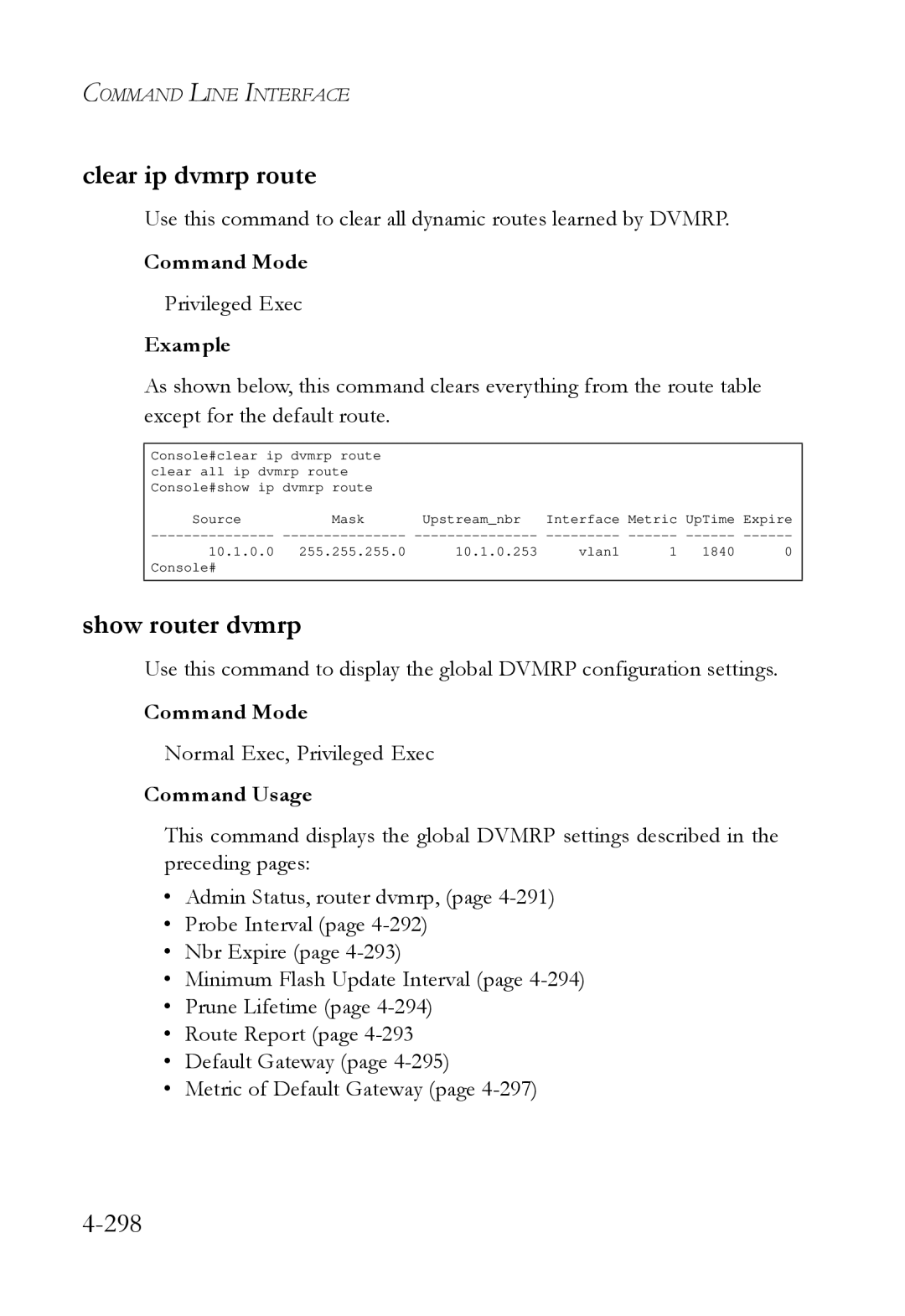 SMC Networks SMC6724L3 manual Clear ip dvmrp route, Show router dvmrp, 298 