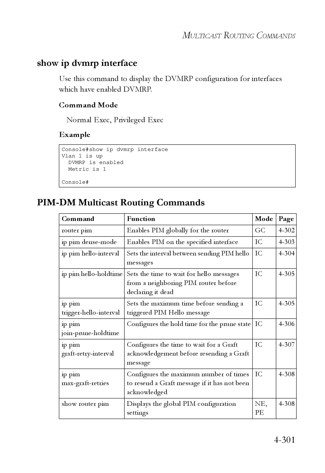 SMC Networks SMC6724L3 manual Show ip dvmrp interface, PIM-DM Multicast Routing Commands, 301 