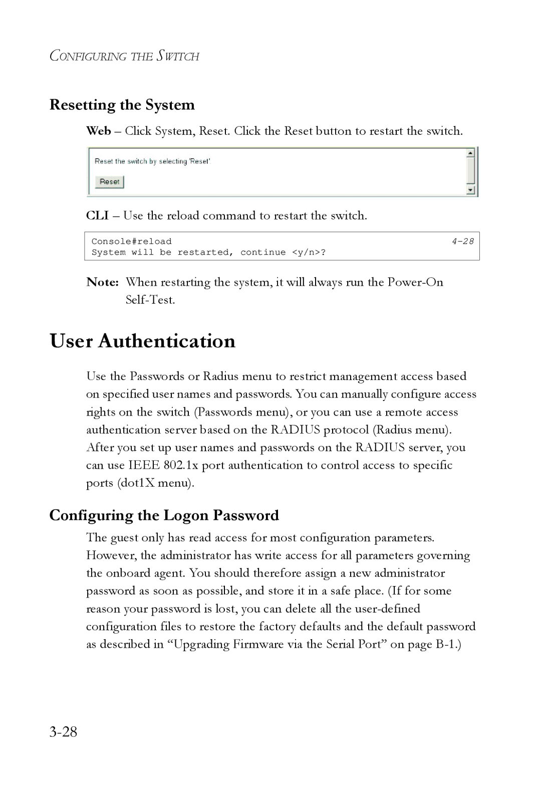 SMC Networks SMC6724L3 manual User Authentication, Resetting the System, Configuring the Logon Password 