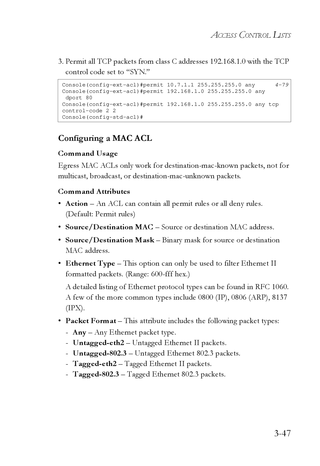 SMC Networks SMC6724L3 manual Configuring a MAC ACL, Command Usage 