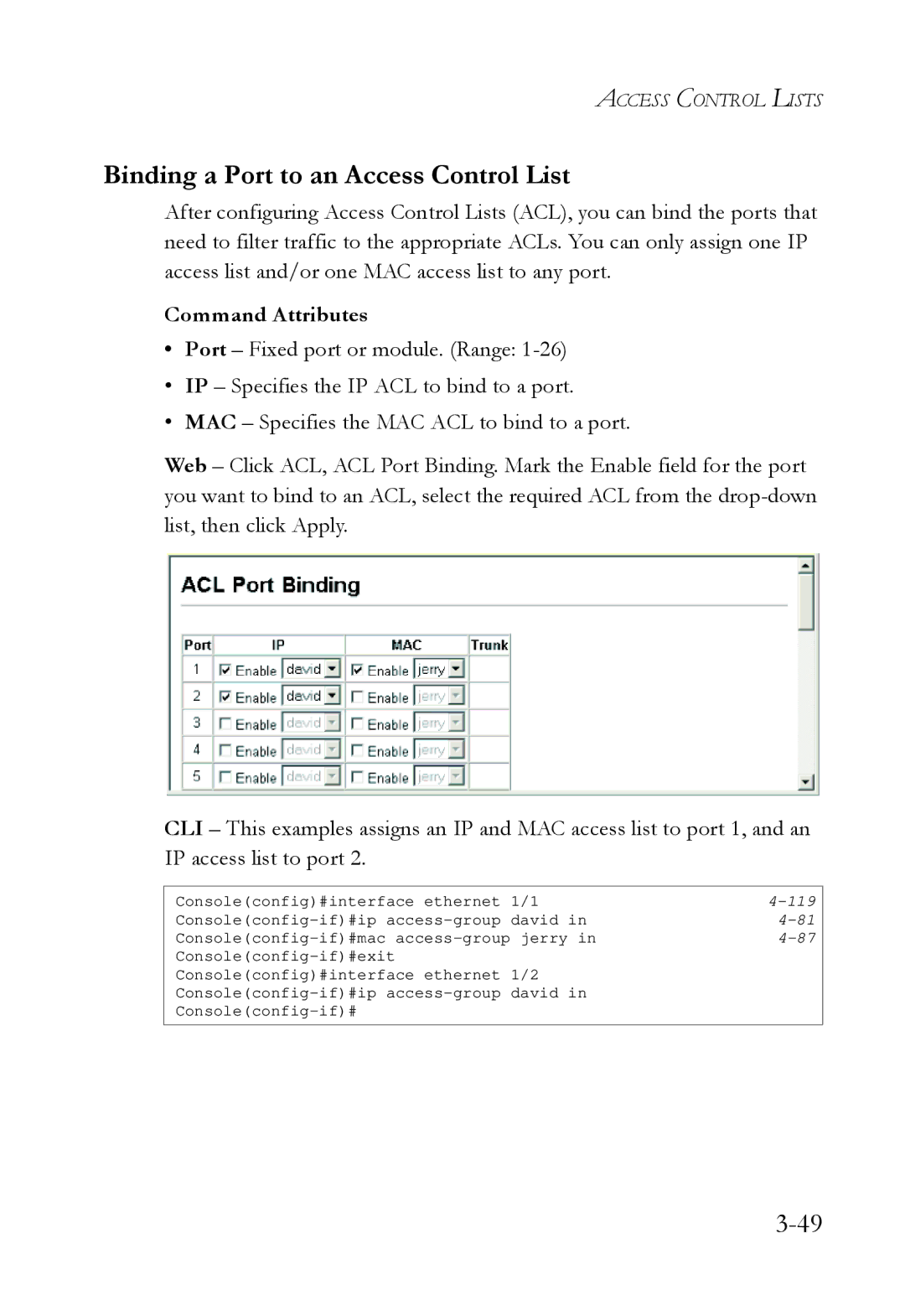 SMC Networks SMC6724L3 manual Binding a Port to an Access Control List 