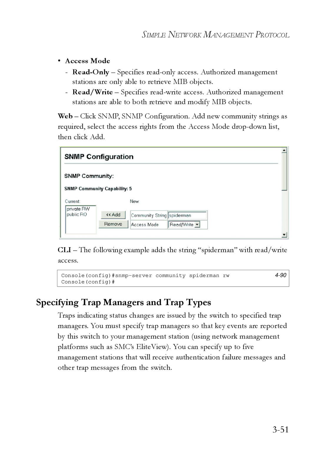 SMC Networks SMC6724L3 manual Specifying Trap Managers and Trap Types, Access Mode 