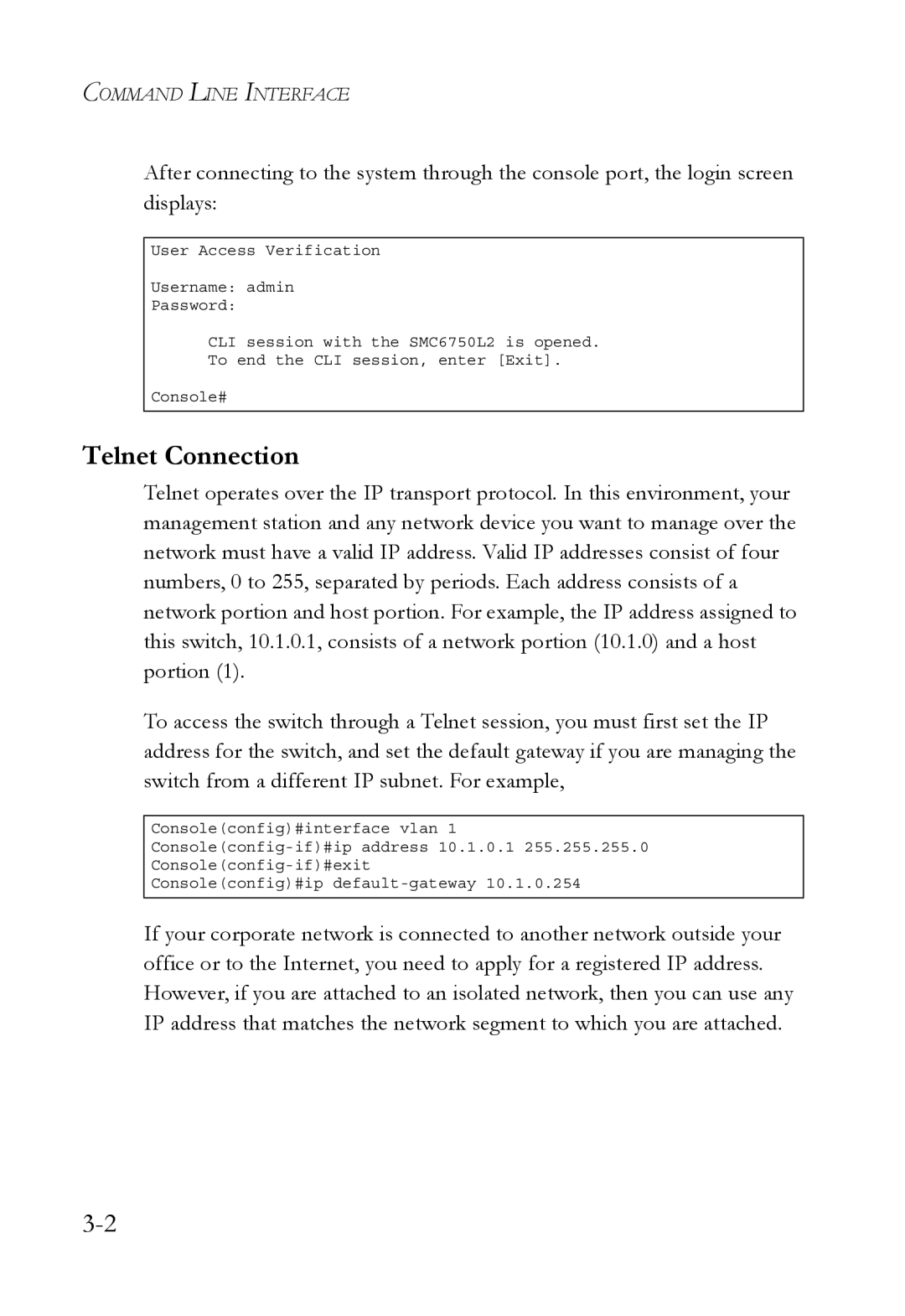 SMC Networks SMC6750L2 manual Telnet Connection 