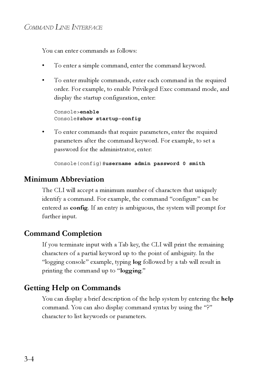 SMC Networks SMC6750L2 manual Minimum Abbreviation, Command Completion, Getting Help on Commands 