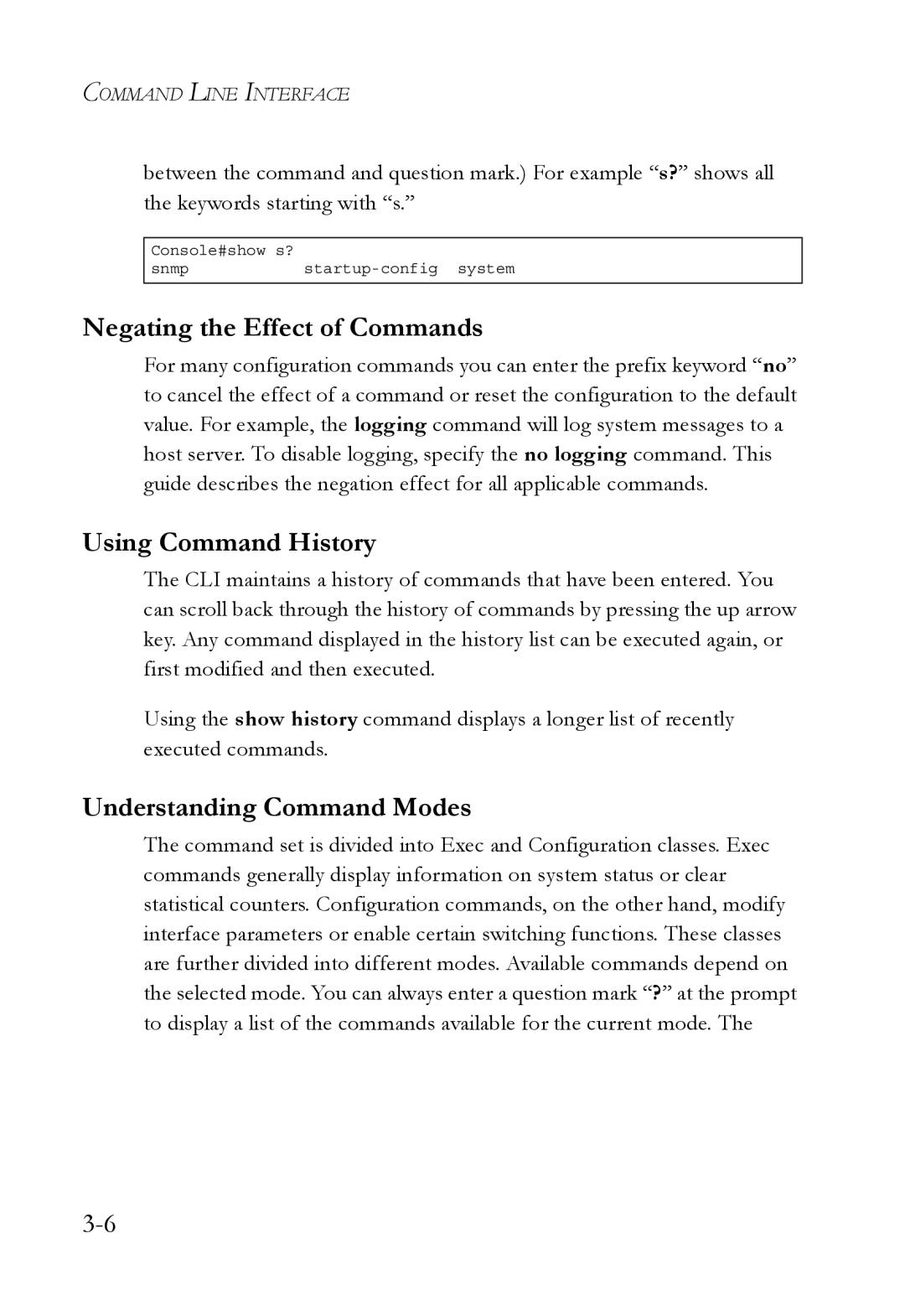 SMC Networks SMC6750L2 manual Negating the Effect of Commands, Using Command History, Understanding Command Modes 