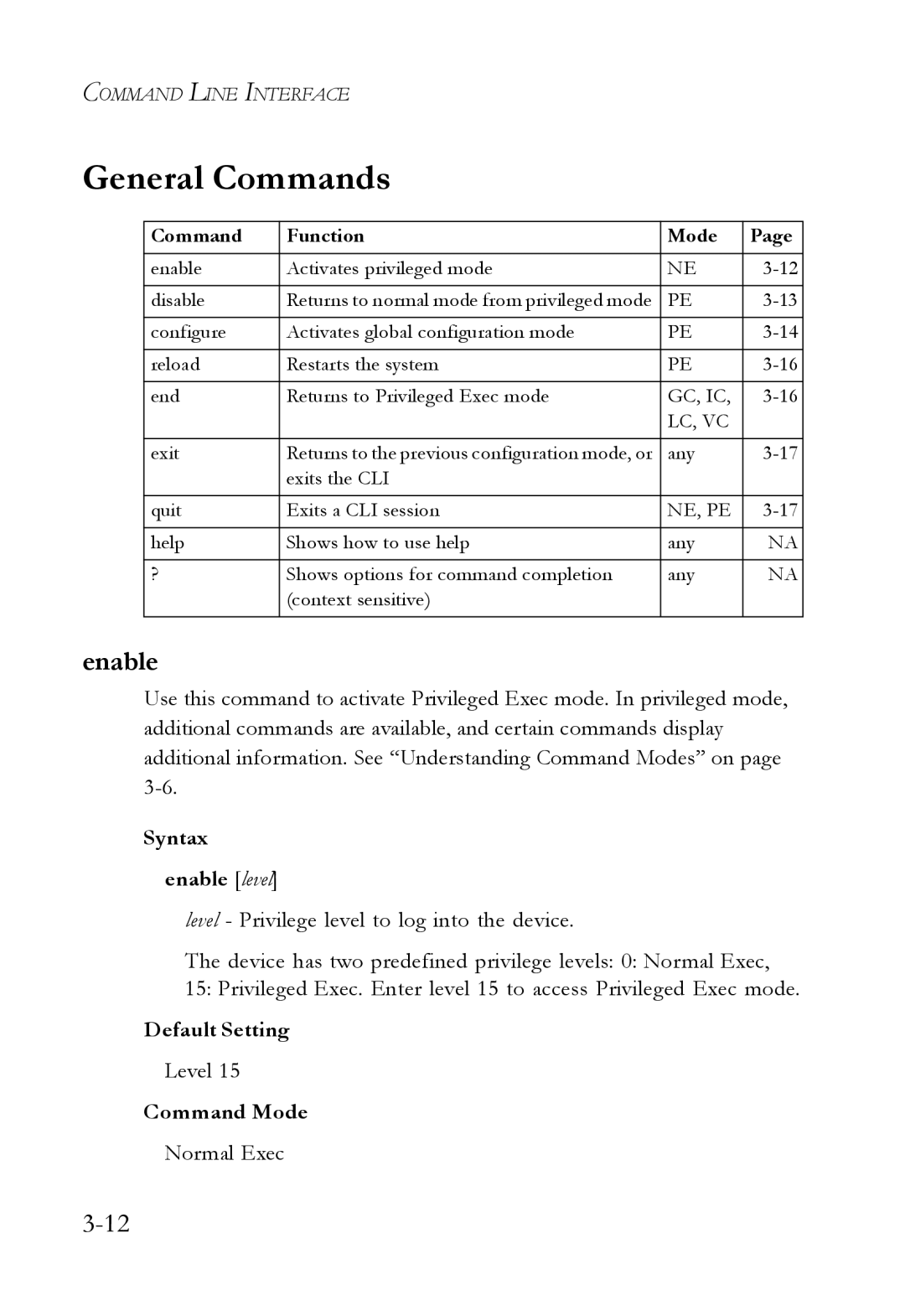 SMC Networks SMC6750L2 manual General Commands, Syntax Enable level, Default Setting, Command Mode 