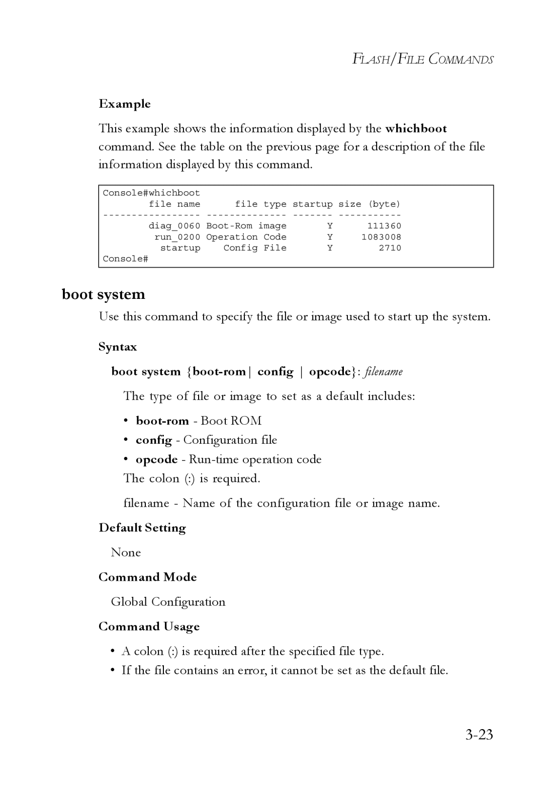 SMC Networks SMC6750L2 manual Syntax Boot system boot-romconfig opcode filename 