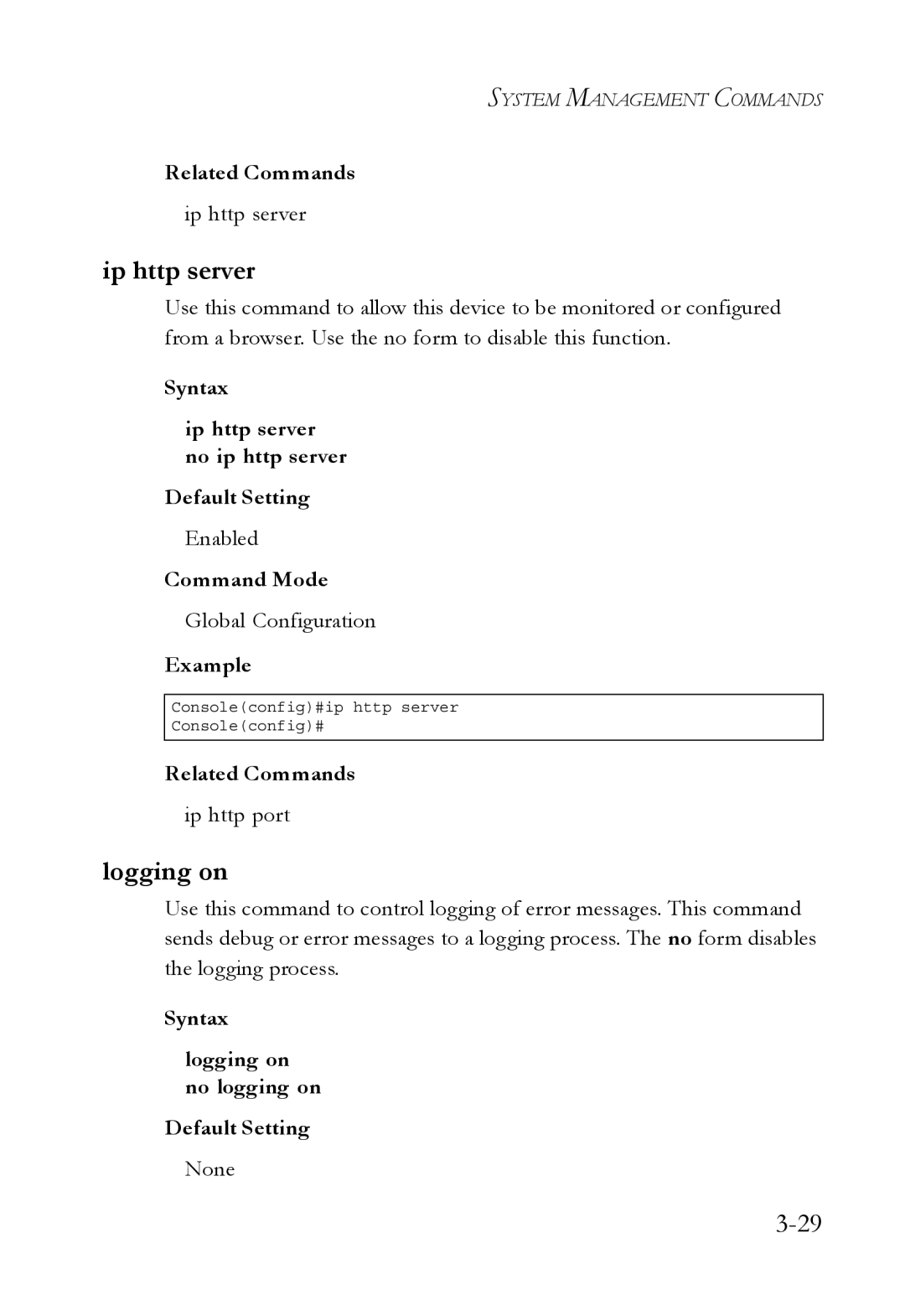 SMC Networks SMC6750L2 manual Logging on, Syntax Ip http server no ip http server Default Setting 