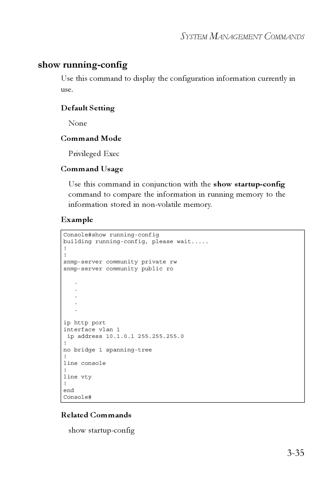 SMC Networks SMC6750L2 manual Show running-config, Command Usage 