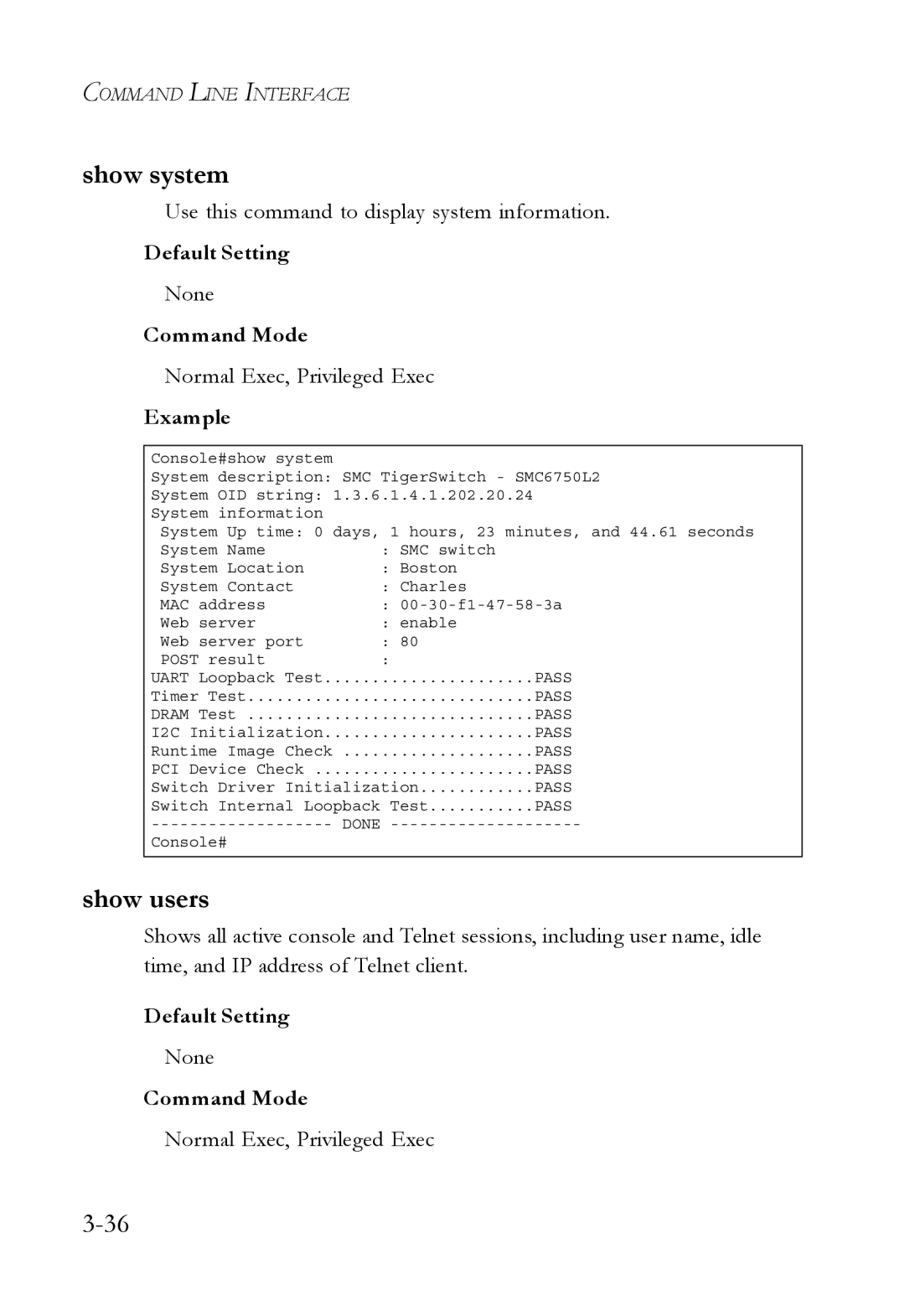 SMC Networks SMC6750L2 manual Show system, Show users 