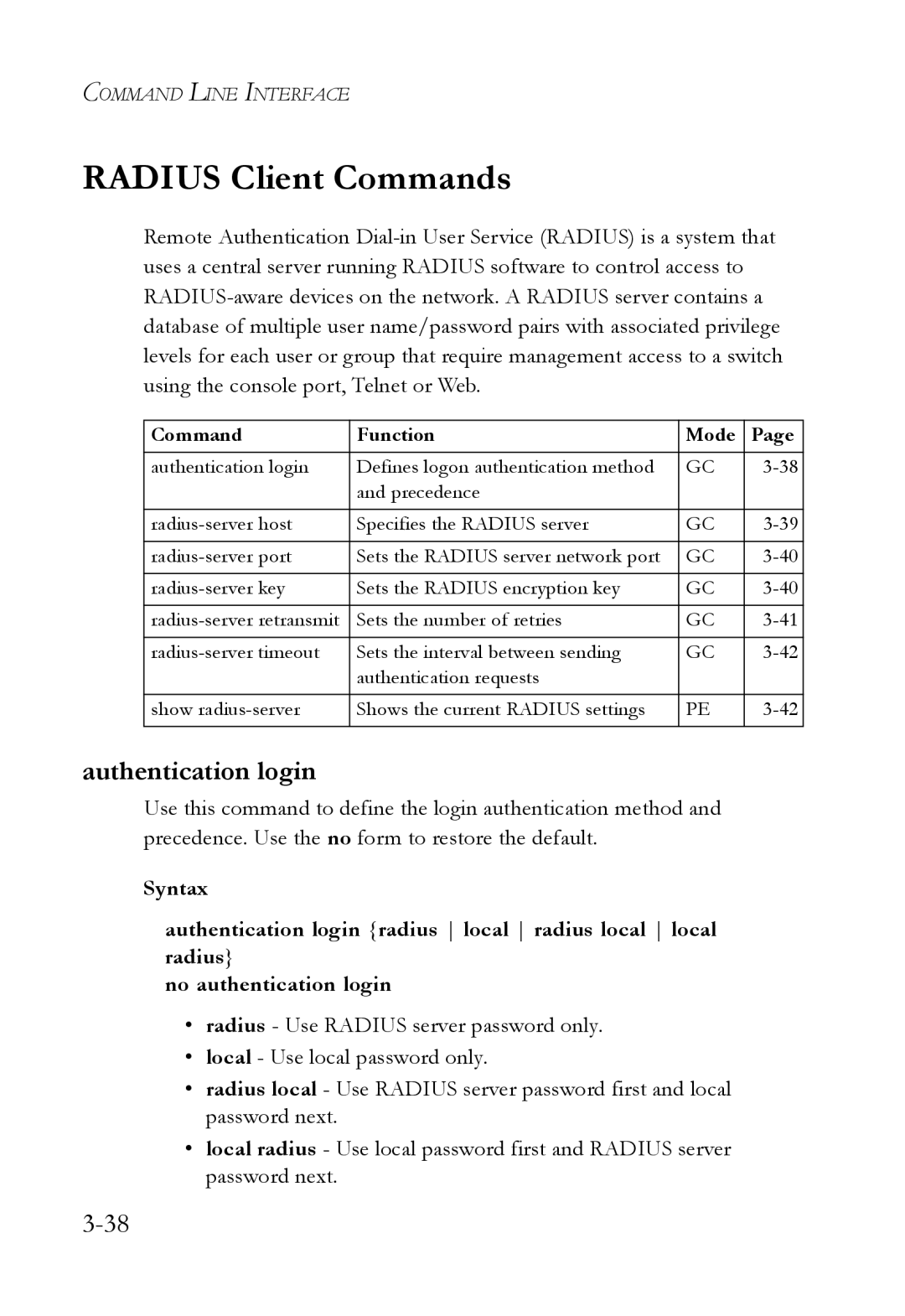 SMC Networks SMC6750L2 manual Radius Client Commands, Authentication login 