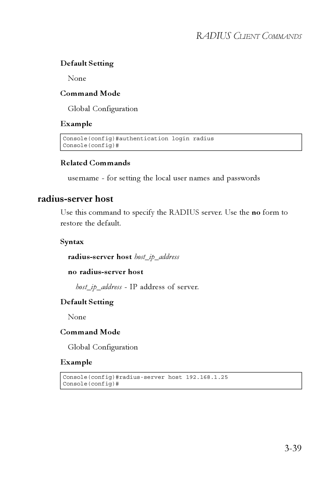 SMC Networks SMC6750L2 manual Radius-server host, Related Commands 