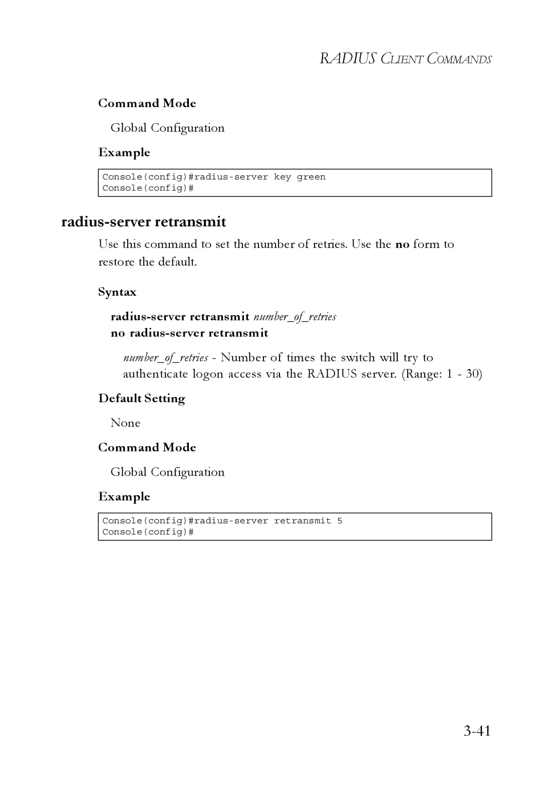 SMC Networks SMC6750L2 manual Radius-server retransmit 