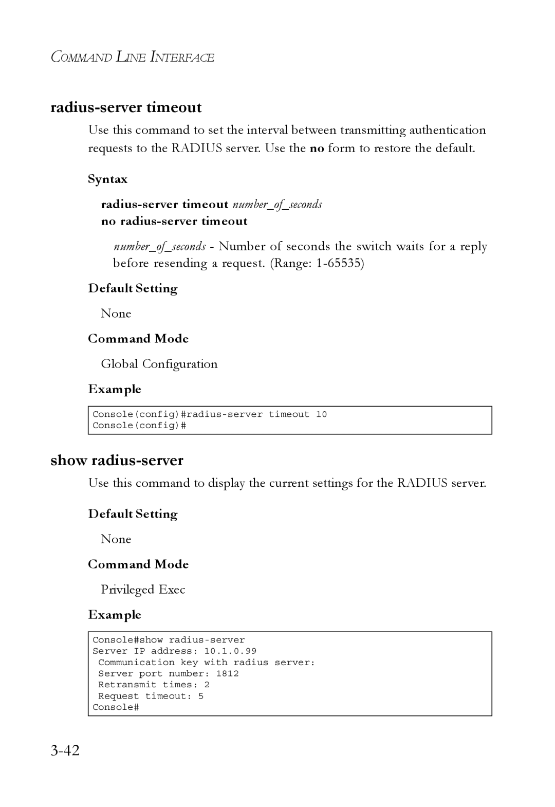 SMC Networks SMC6750L2 manual Radius-server timeout, Show radius-server 