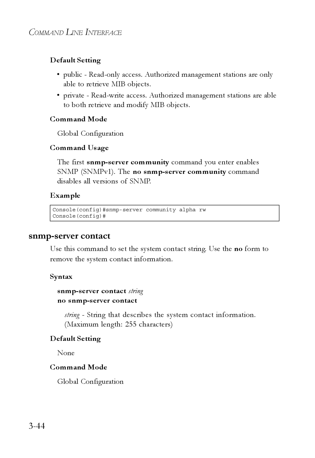 SMC Networks SMC6750L2 manual Syntax Snmp-server contact string no snmp-server contact 