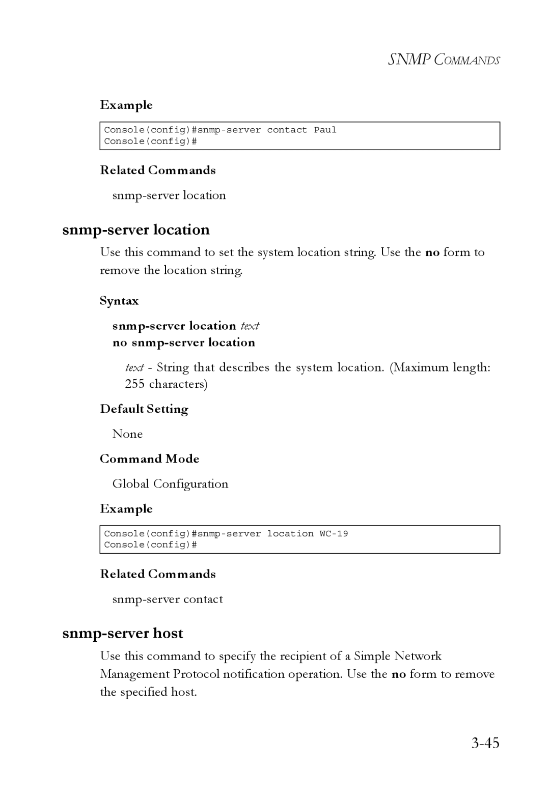 SMC Networks SMC6750L2 manual Snmp-server host, Syntax Snmp-server location text no snmp-server location 