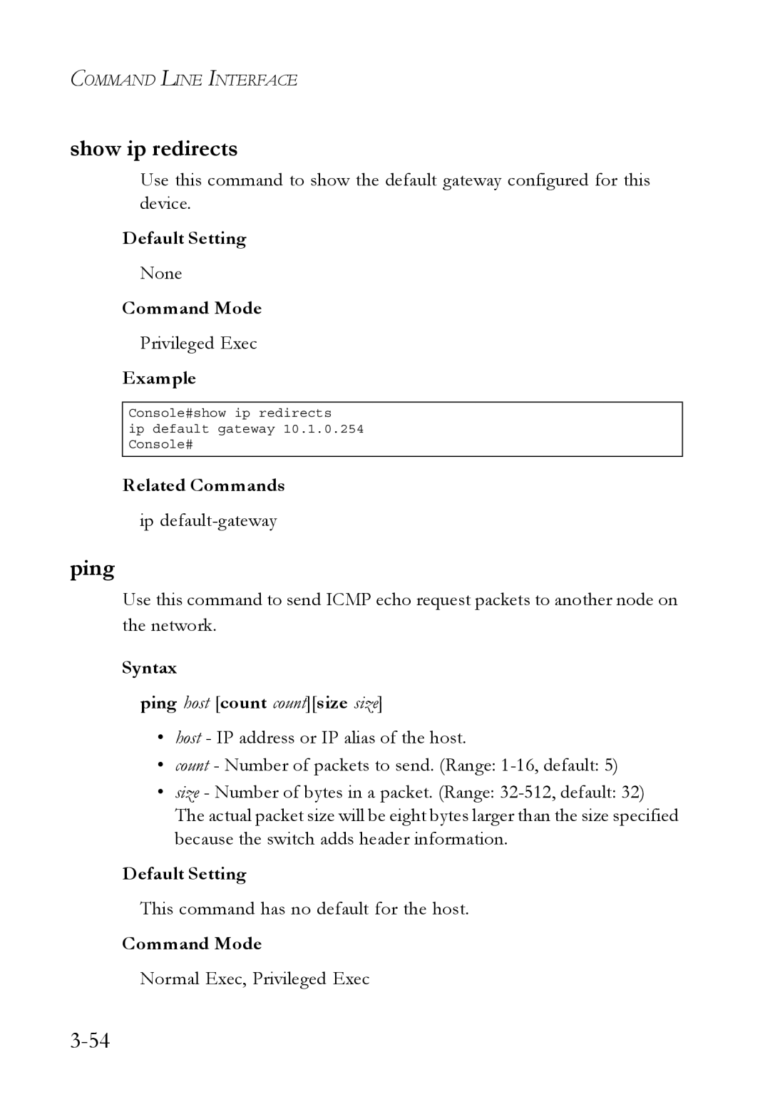 SMC Networks SMC6750L2 manual Show ip redirects, Syntax Ping host count countsize size 