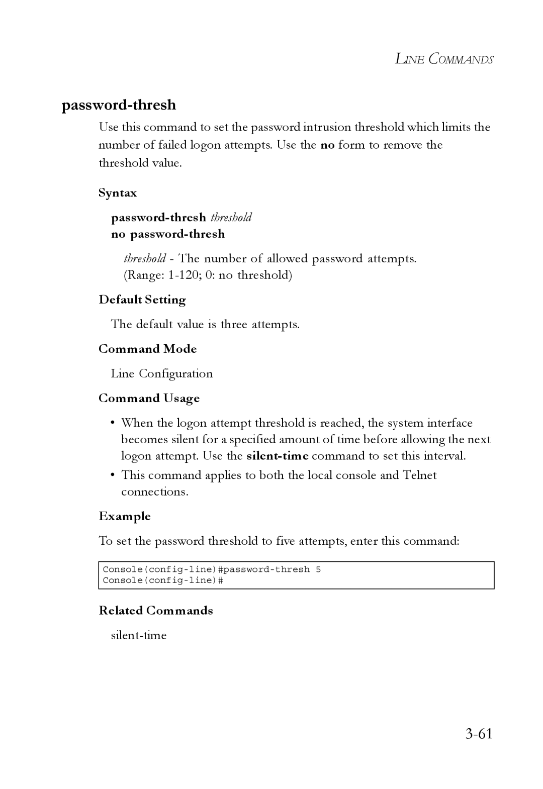 SMC Networks SMC6750L2 manual Syntax Password-thresh threshold no password-thresh 