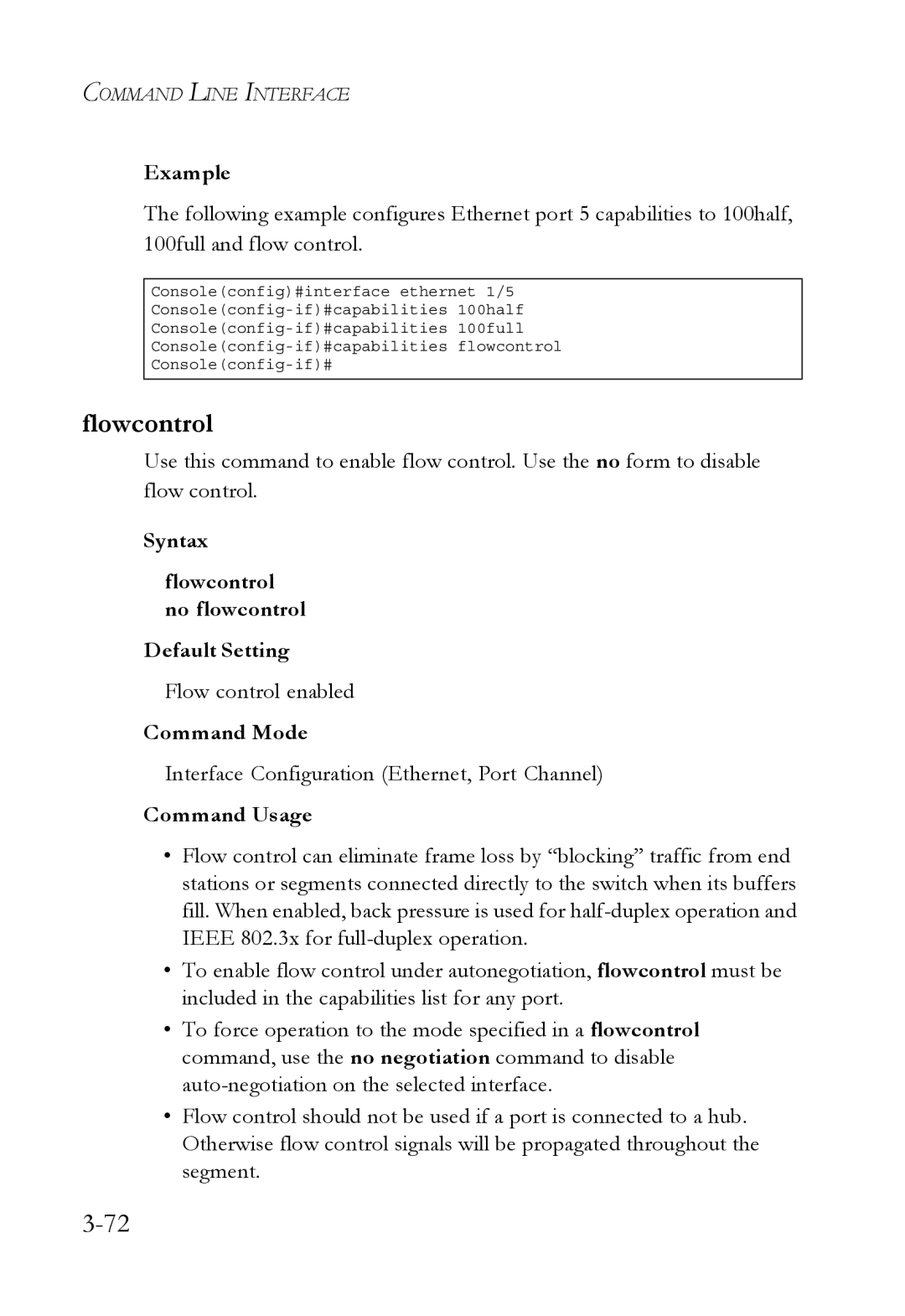 SMC Networks SMC6750L2 manual Syntax Flowcontrol no flowcontrol Default Setting 