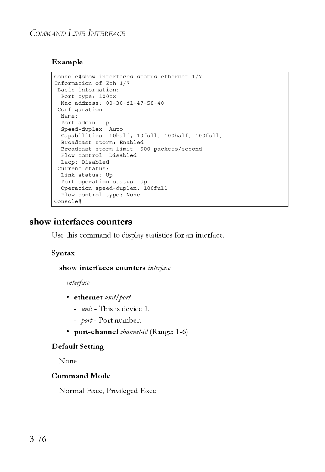 SMC Networks SMC6750L2 manual Syntax Show interfaces counters interface, Port-channel channel-idRange Default Setting 