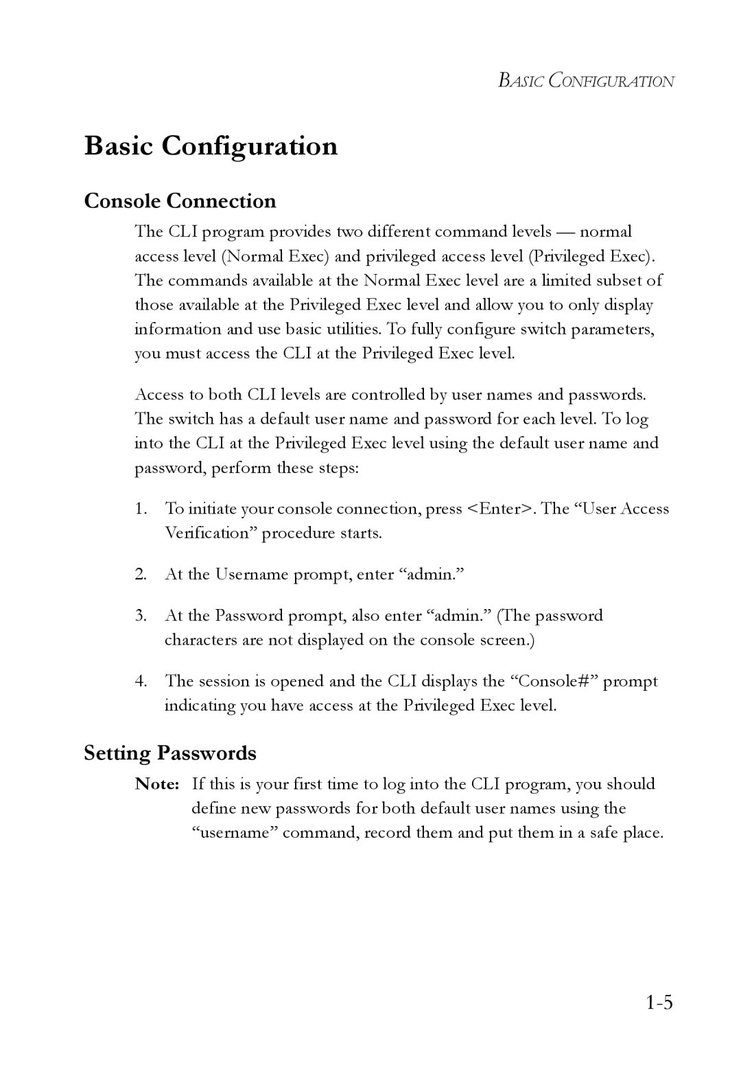 SMC Networks SMC6750L2 manual Basic Configuration, Console Connection, Setting Passwords 