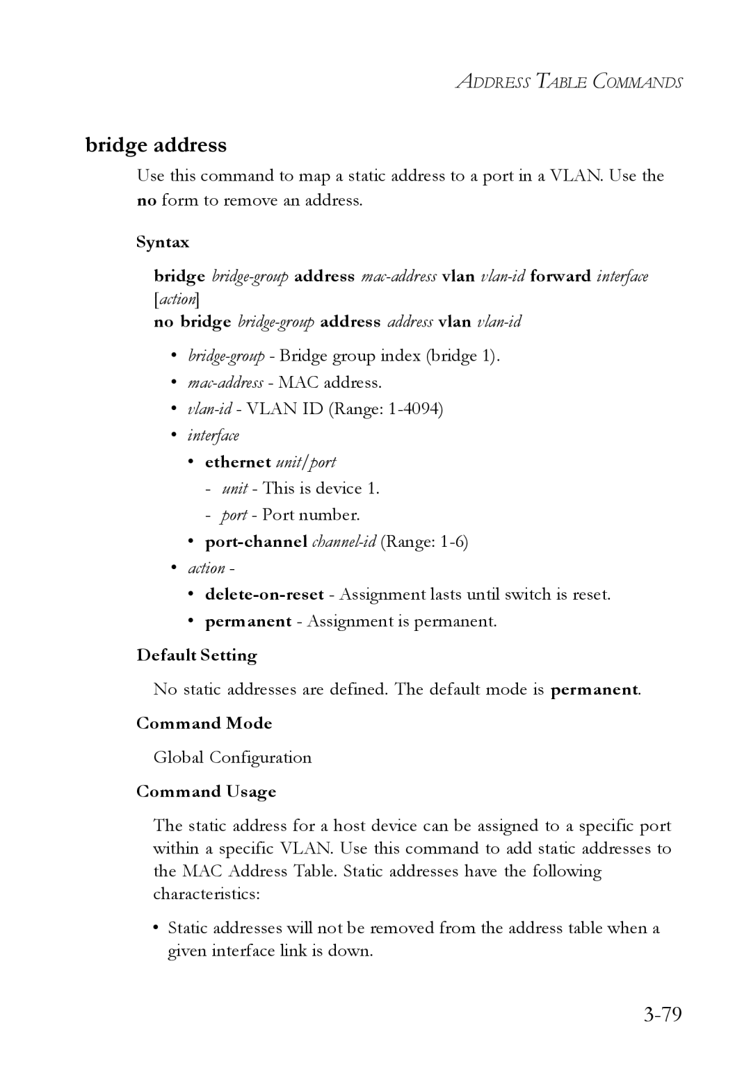 SMC Networks SMC6750L2 manual Bridge address, Syntax 