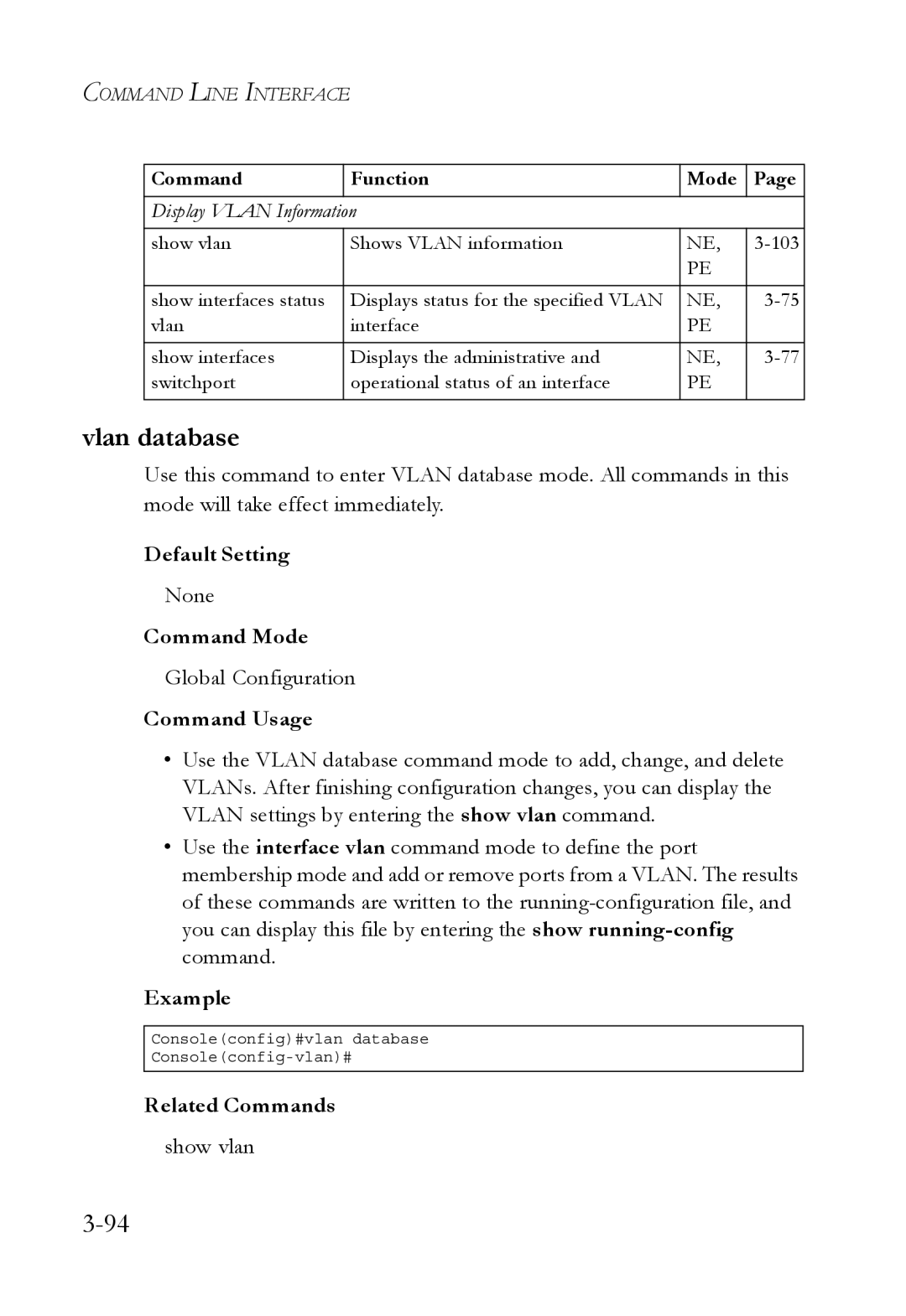 SMC Networks SMC6750L2 manual Vlan database, Default Setting 