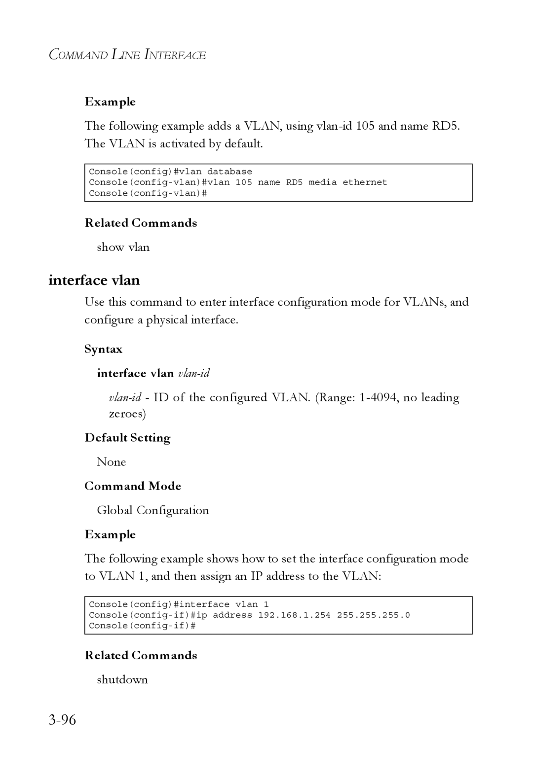 SMC Networks SMC6750L2 manual Syntax Interface vlan vlan-id 