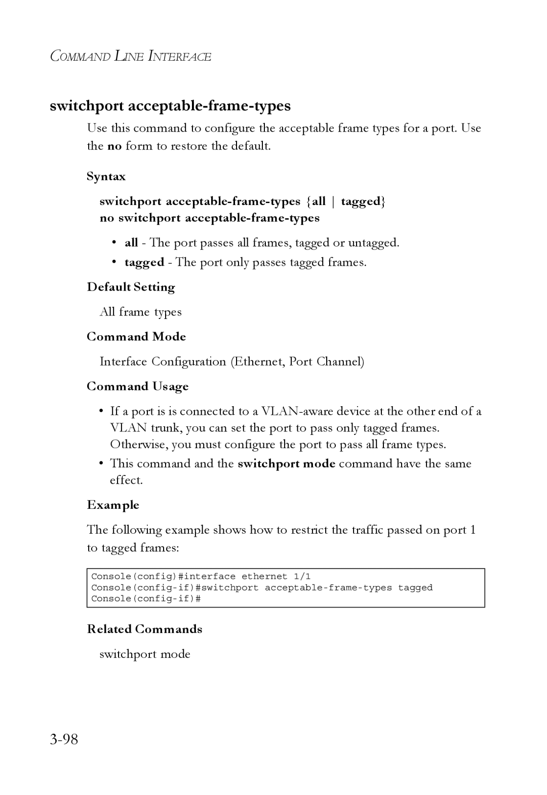 SMC Networks SMC6750L2 manual Switchport acceptable-frame-types, Command Usage 