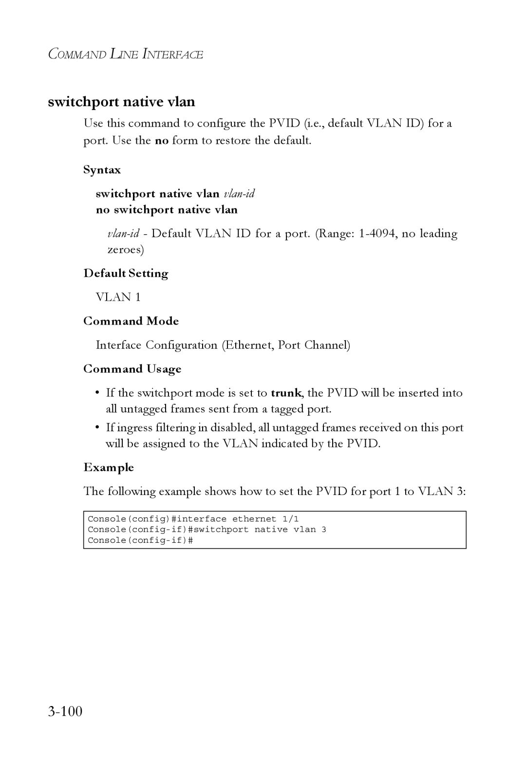 SMC Networks SMC6750L2 manual Switchport native vlan, 100 