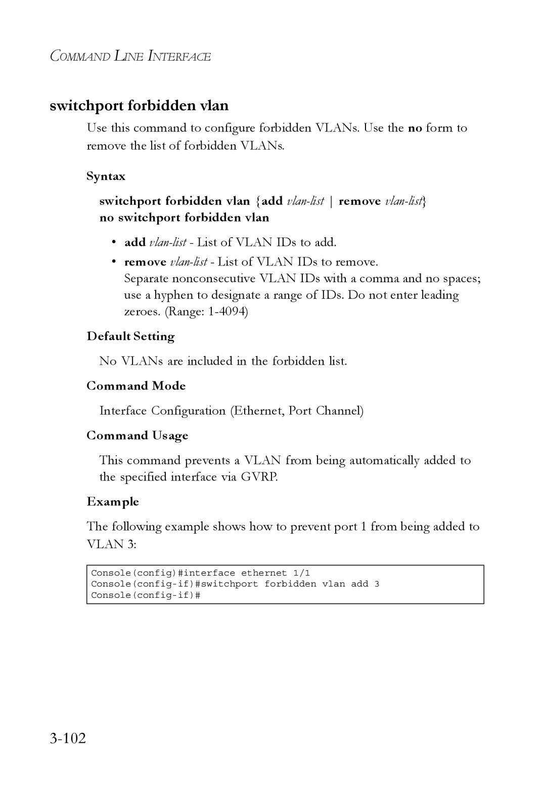 SMC Networks SMC6750L2 manual Switchport forbidden vlan, 102 