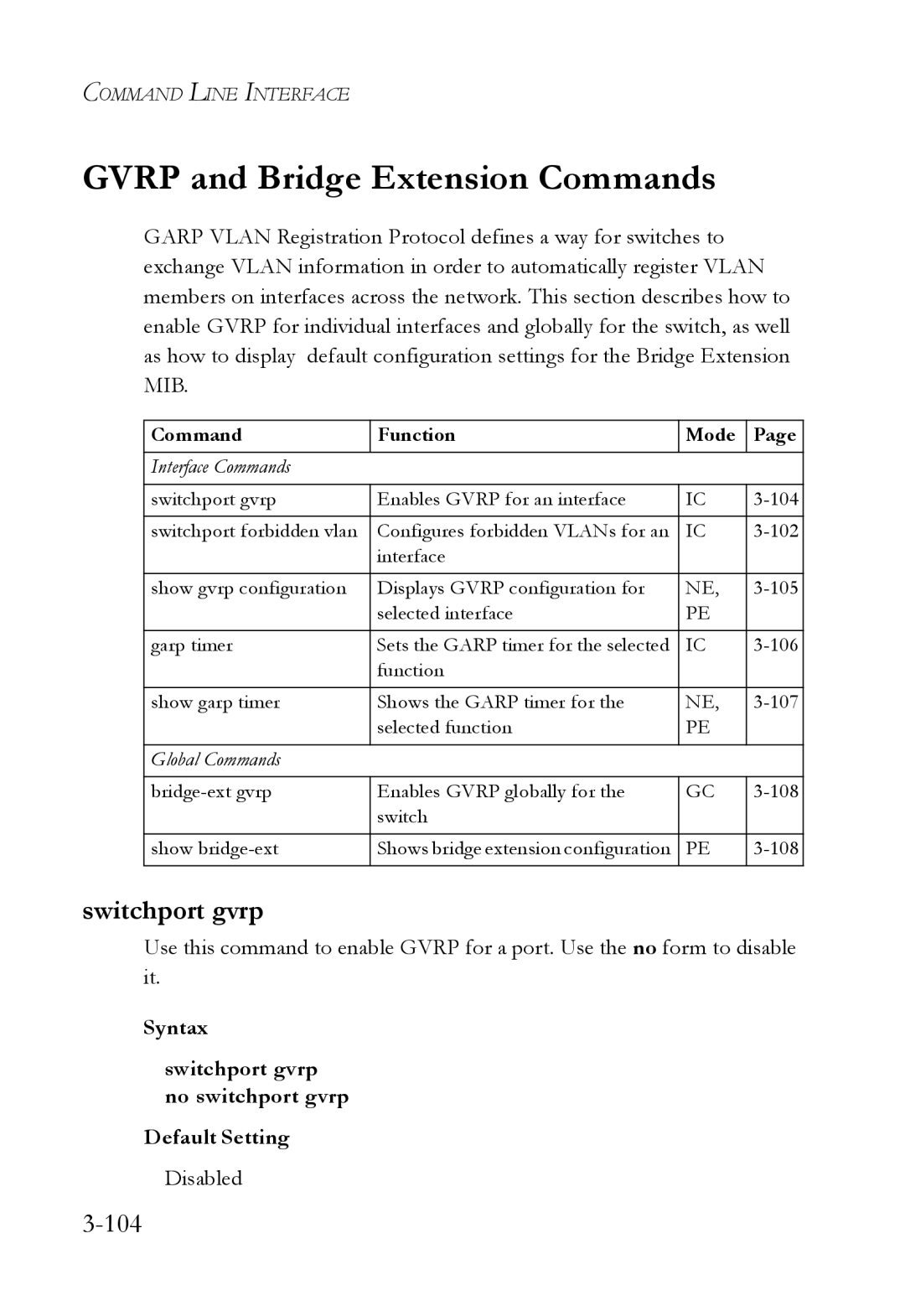 SMC Networks SMC6750L2 manual Gvrp and Bridge Extension Commands, Switchport gvrp, 104 