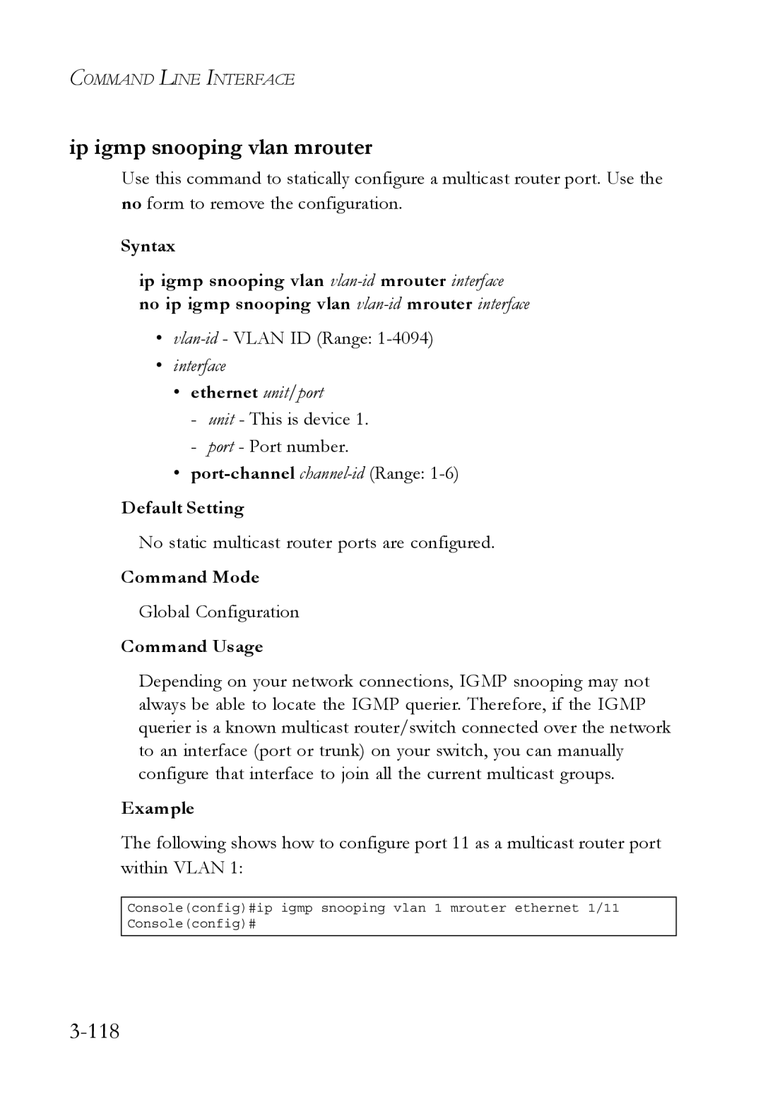 SMC Networks SMC6750L2 manual Ip igmp snooping vlan mrouter, 118 