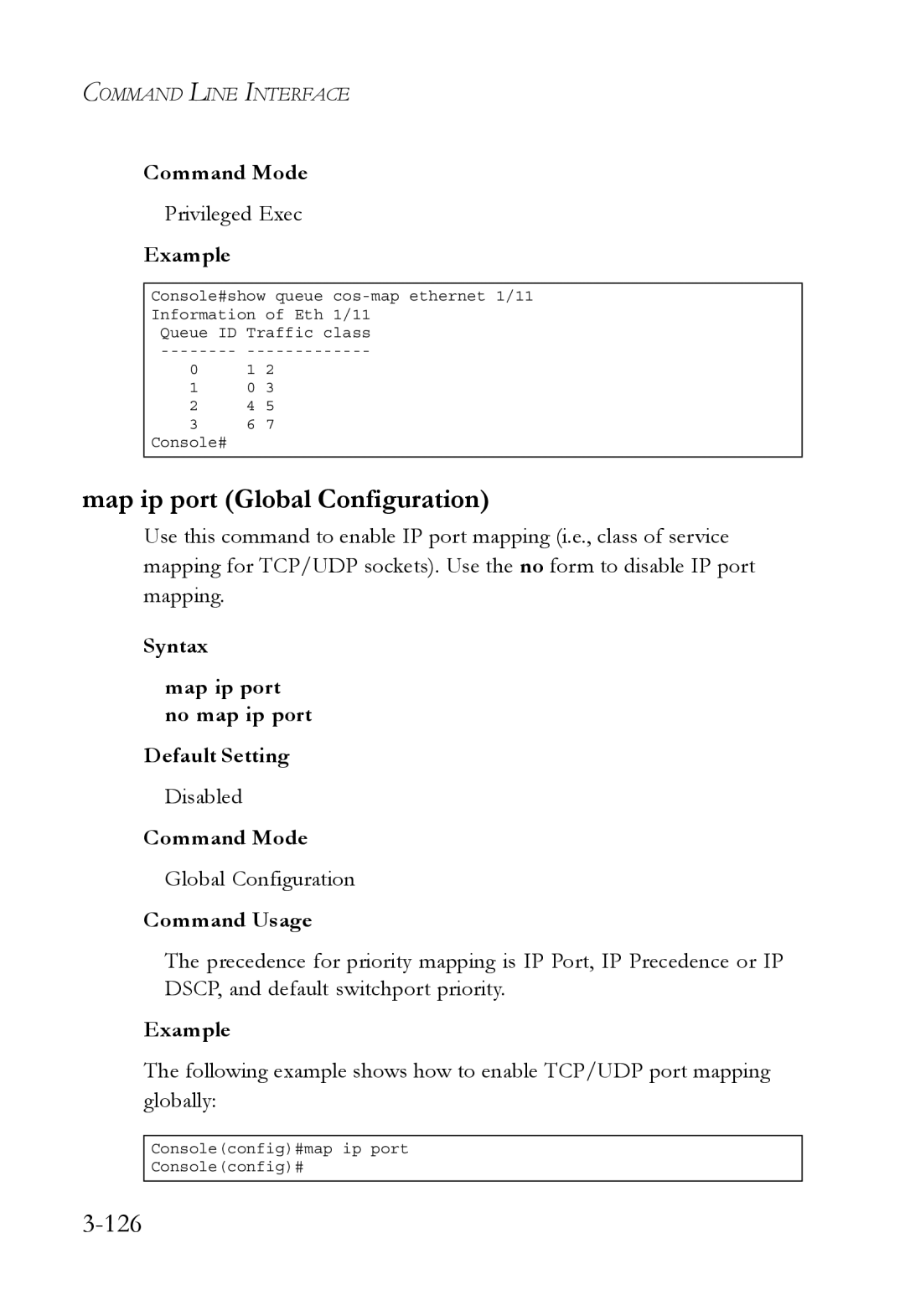 SMC Networks SMC6750L2 manual Map ip port Global Configuration, 126, Syntax Map ip port no map ip port Default Setting 