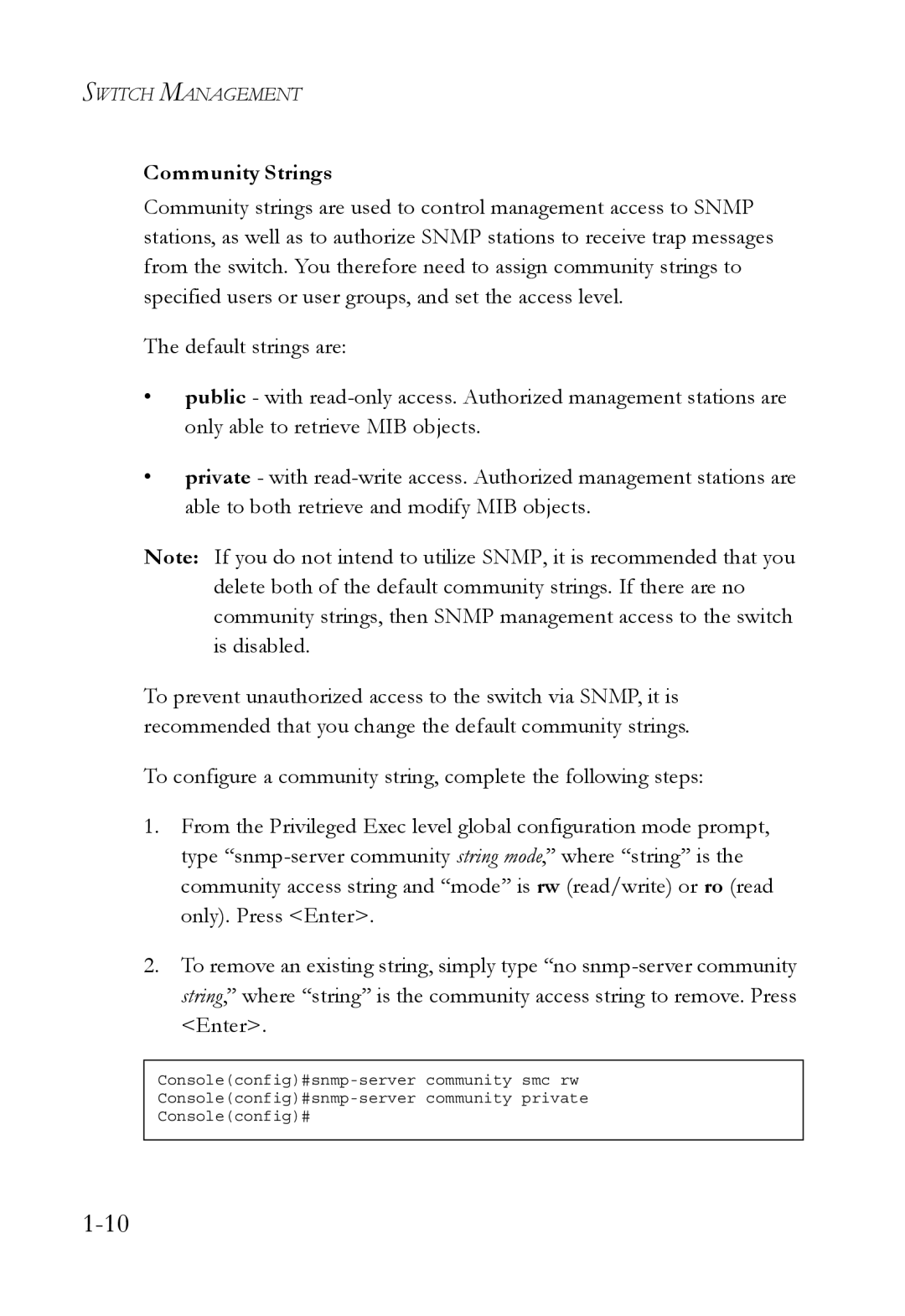 SMC Networks SMC6750L2 manual Community Strings 