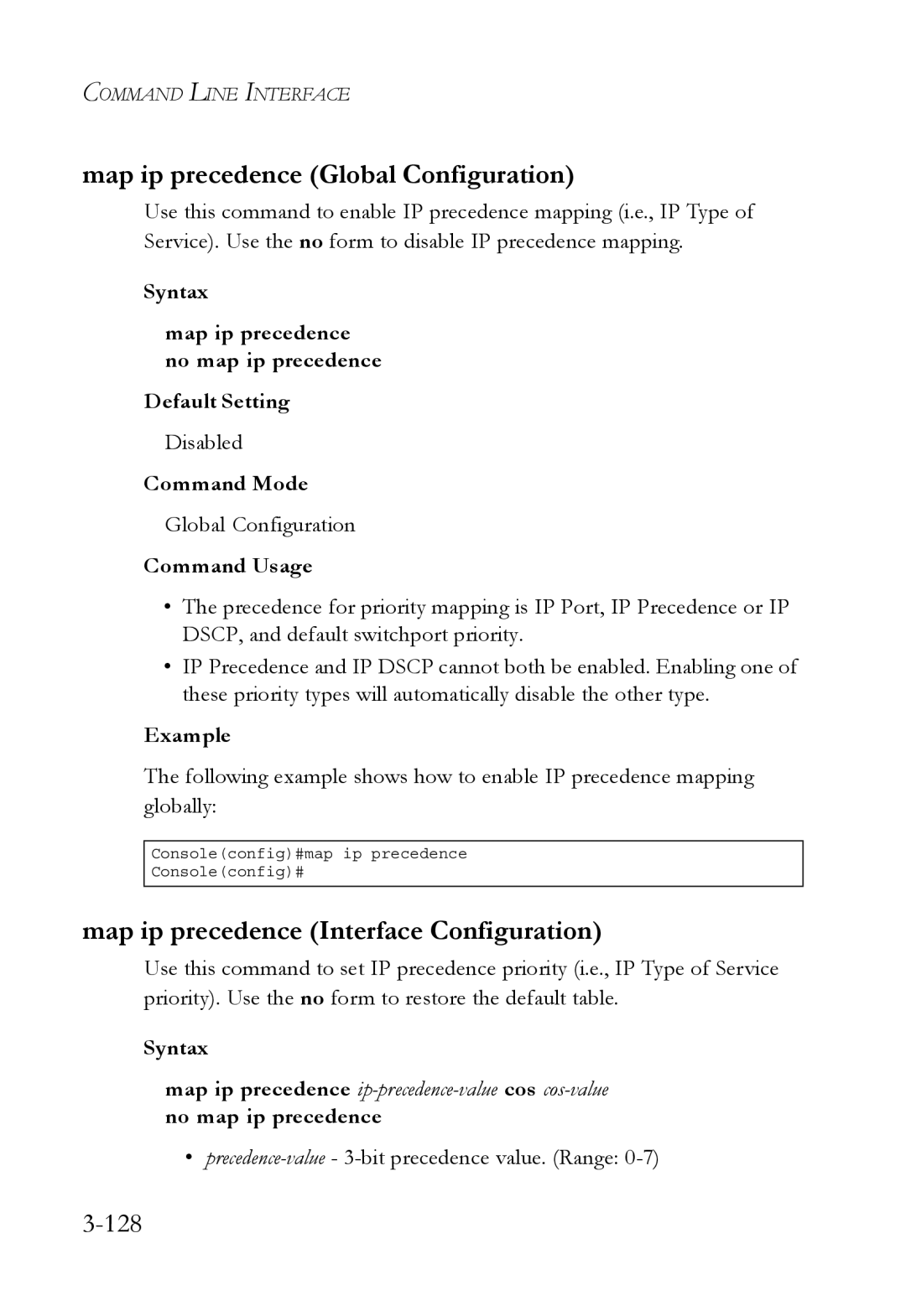 SMC Networks SMC6750L2 manual Map ip precedence Global Configuration, Map ip precedence Interface Configuration, 128 