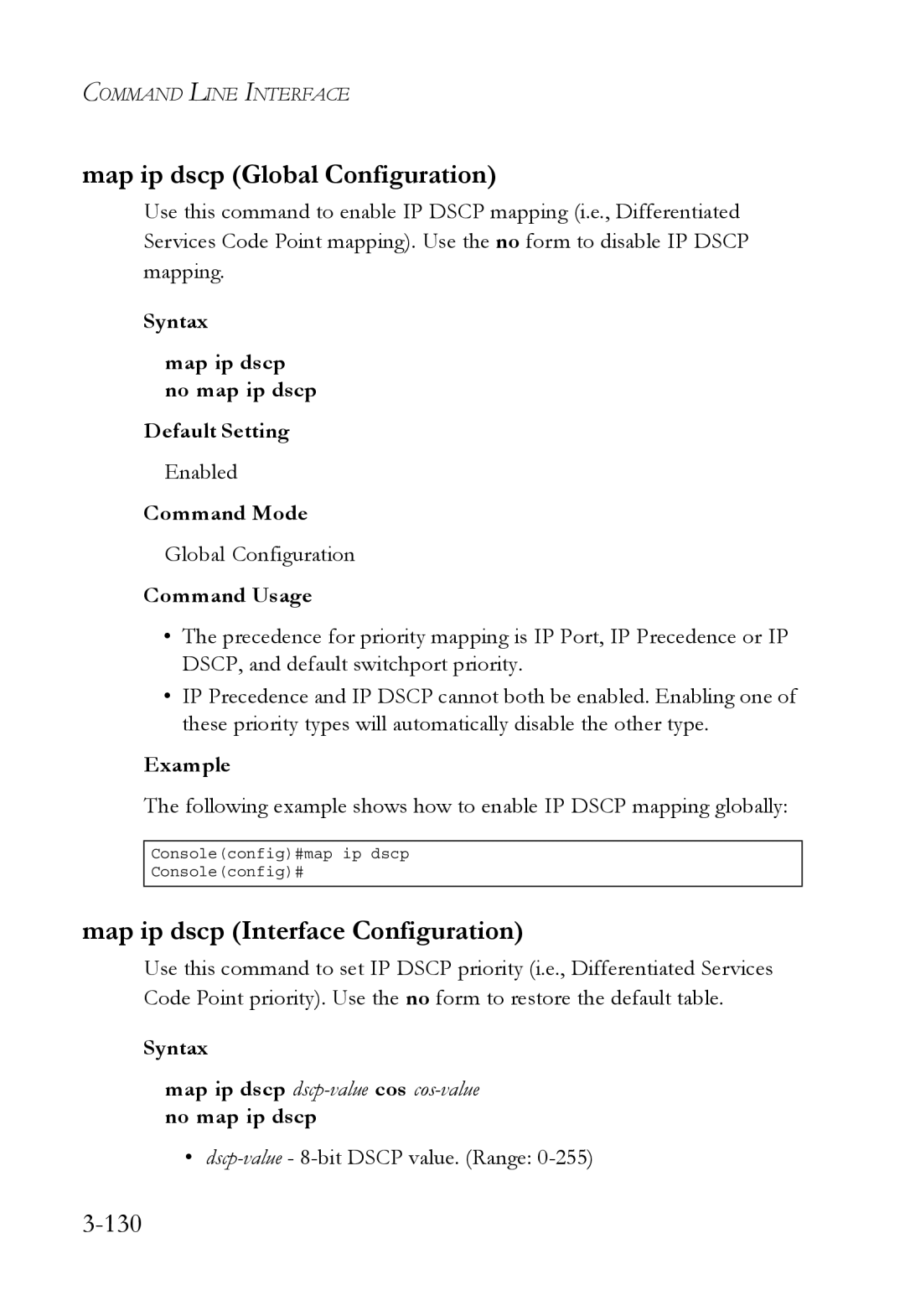 SMC Networks SMC6750L2 manual Map ip dscp Global Configuration, Map ip dscp Interface Configuration, 130 