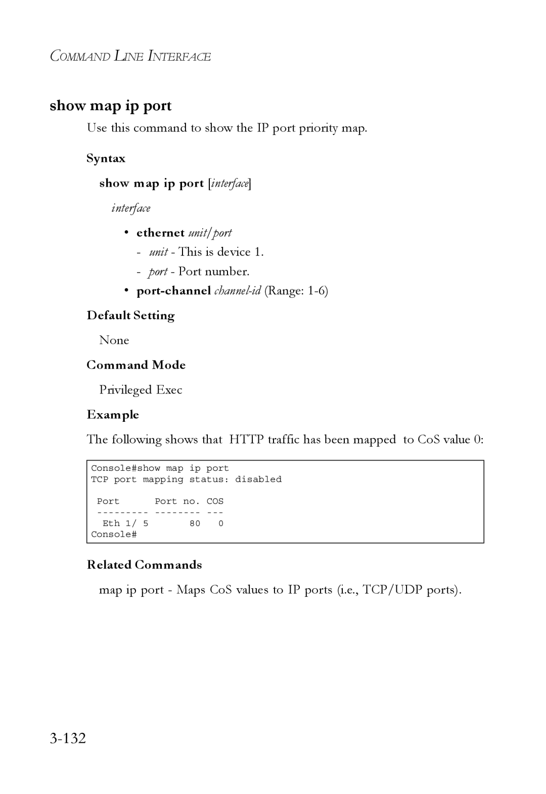 SMC Networks SMC6750L2 manual 132, Syntax Show map ip port interface 