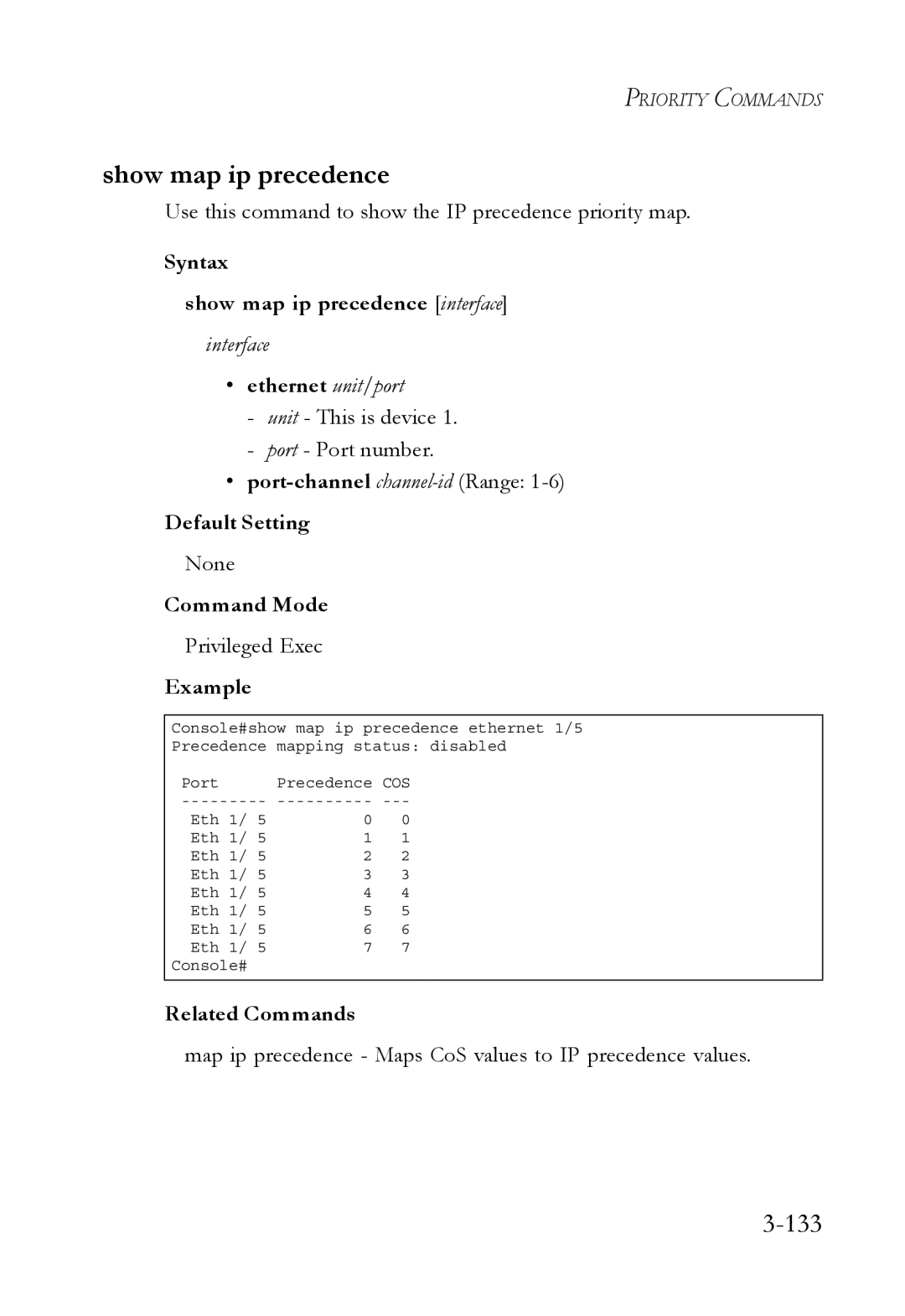 SMC Networks SMC6750L2 manual 133, Syntax Show map ip precedence interface 