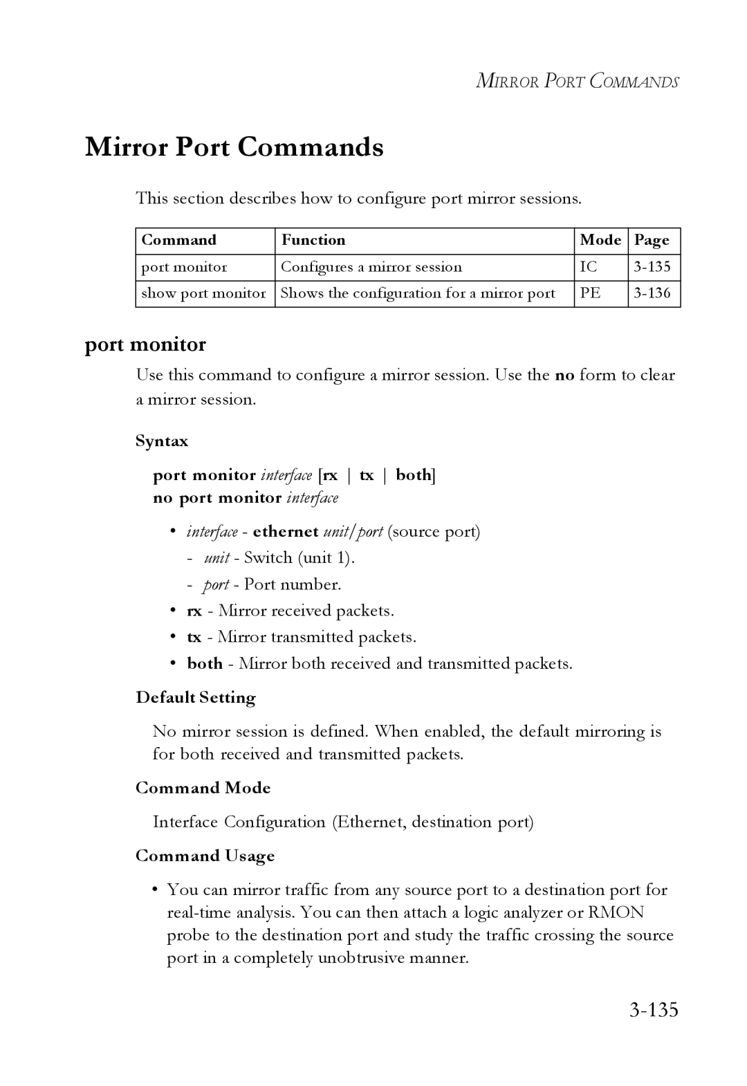 SMC Networks SMC6750L2 manual Mirror Port Commands, Port monitor, 135 