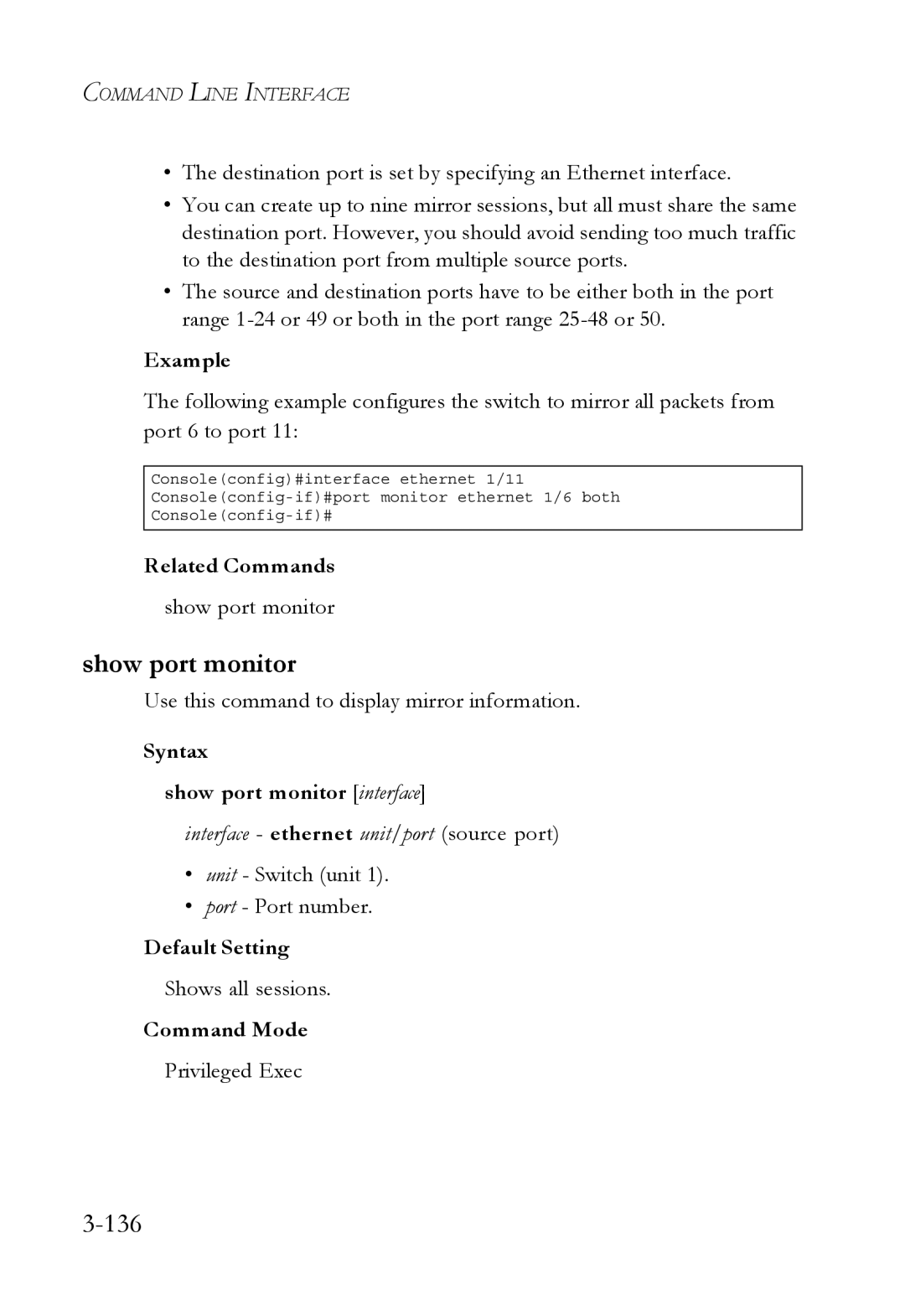 SMC Networks SMC6750L2 manual 136, Syntax Show port monitor interface 