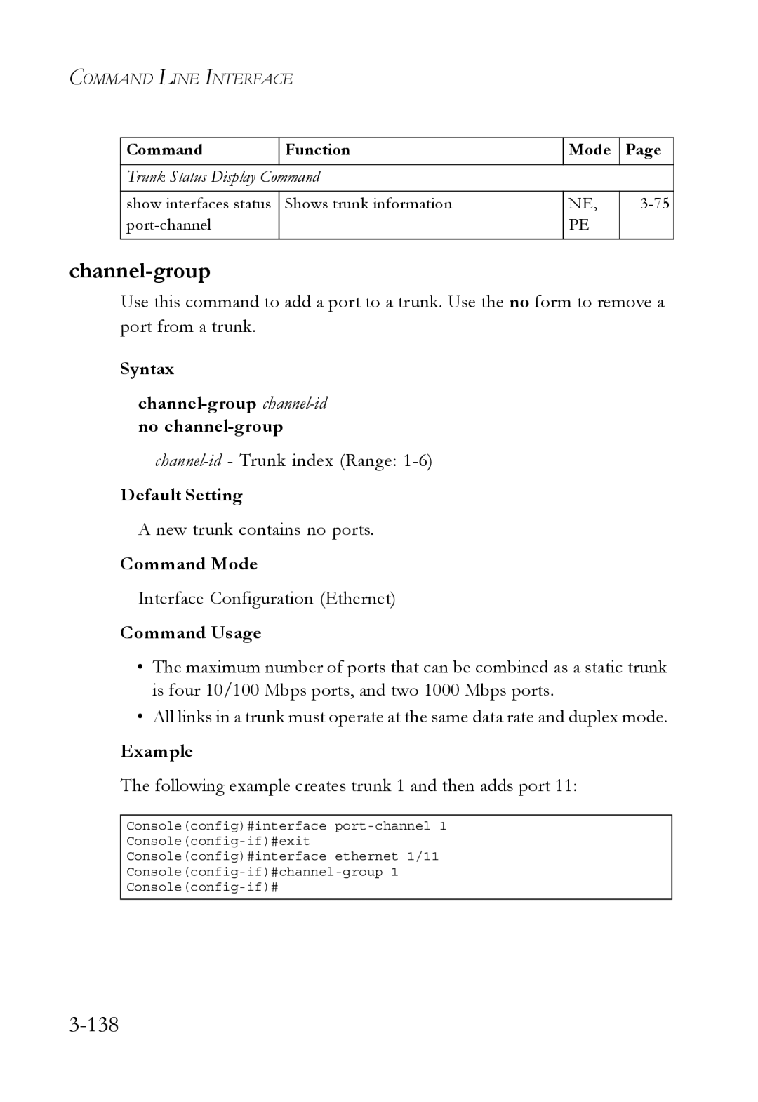 SMC Networks SMC6750L2 manual 138, Syntax Channel-group channel-idno channel-group 