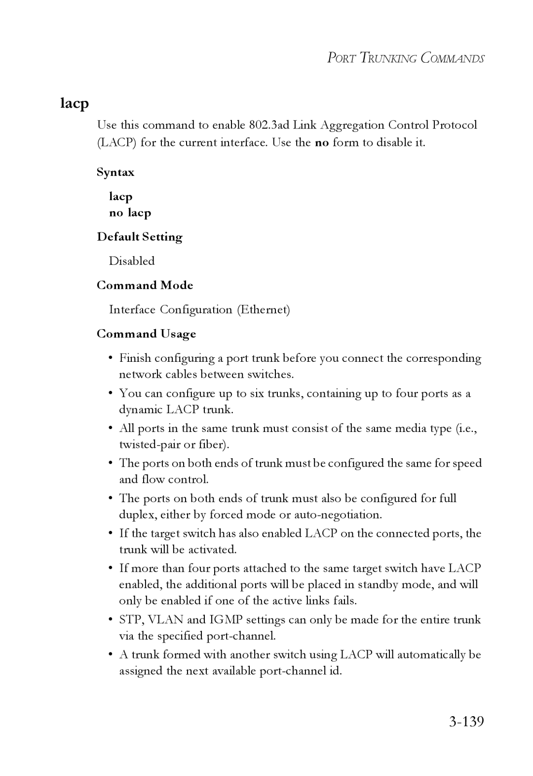 SMC Networks SMC6750L2 manual 139, Syntax Lacp no lacp Default Setting 