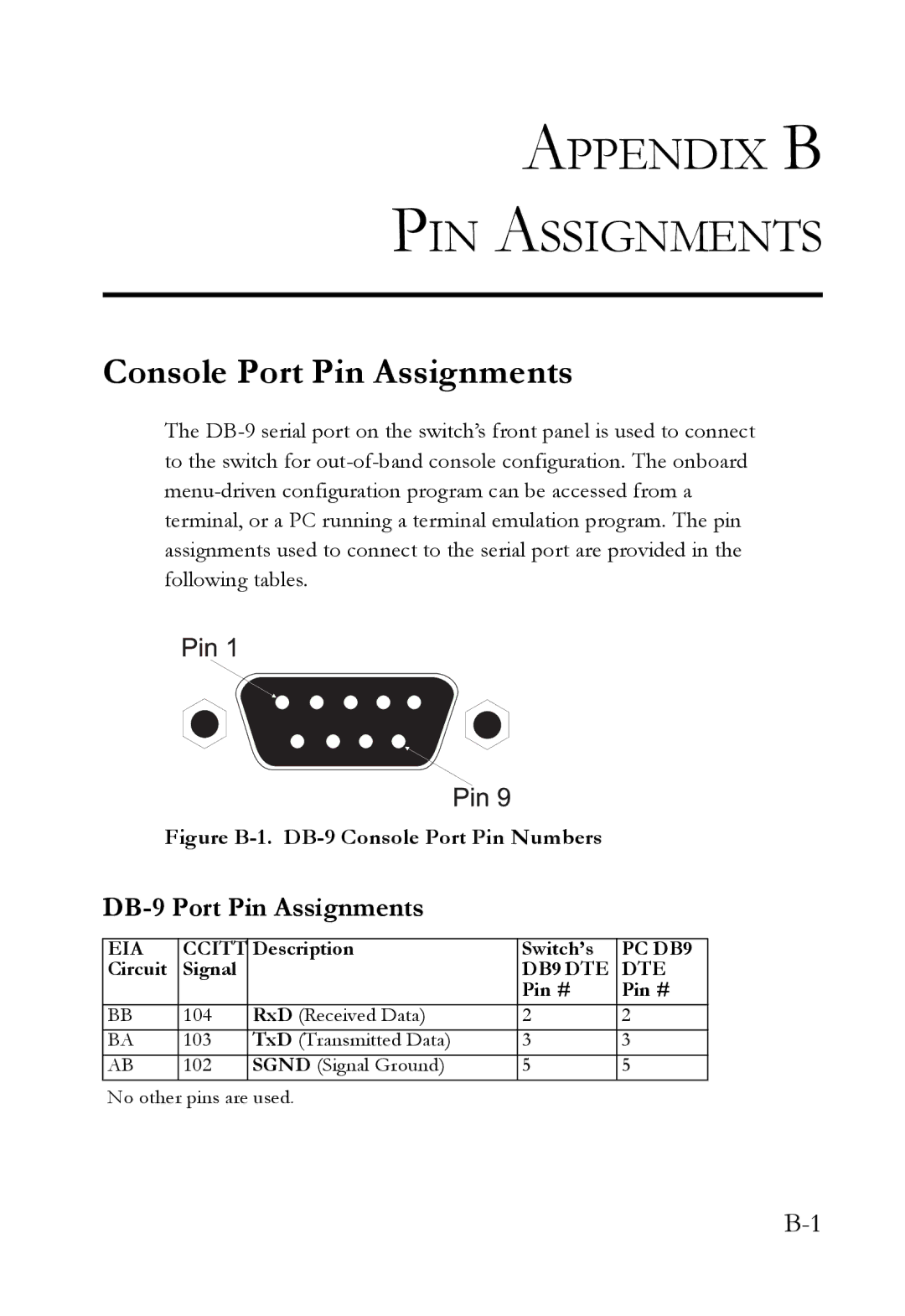 SMC Networks SMC6750L2 manual Console Port Pin Assignments, DB-9 Port Pin Assignments 