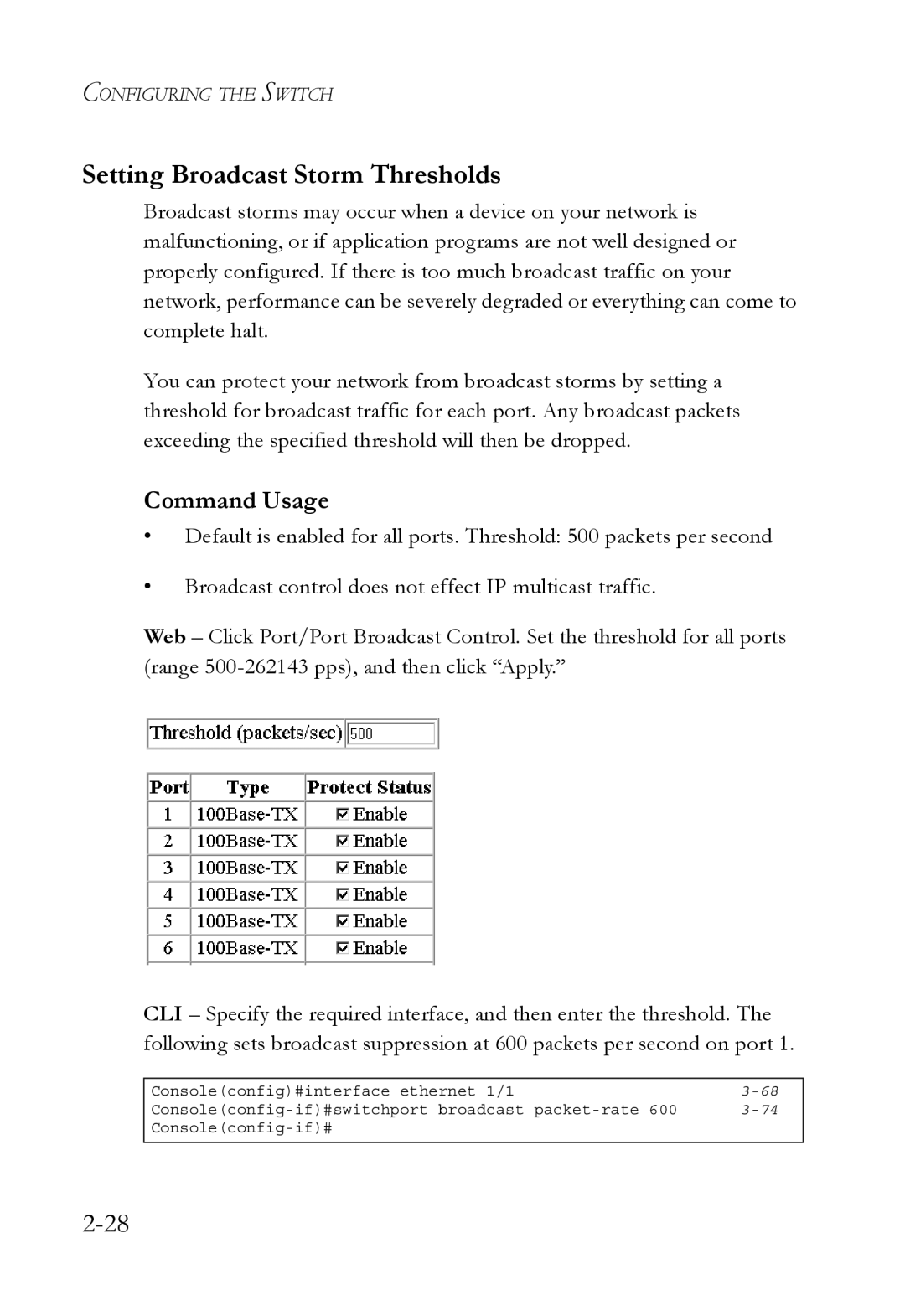 SMC Networks SMC6750L2 manual Setting Broadcast Storm Thresholds, Command Usage 