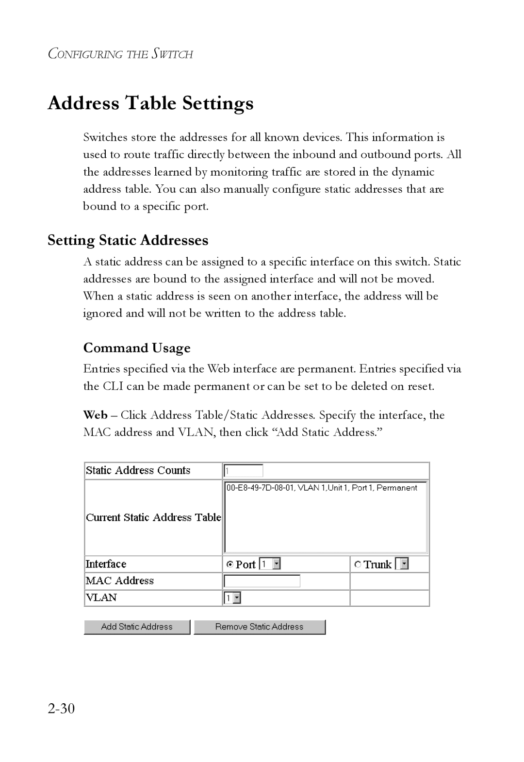 SMC Networks SMC6750L2 manual Address Table Settings, Setting Static Addresses 