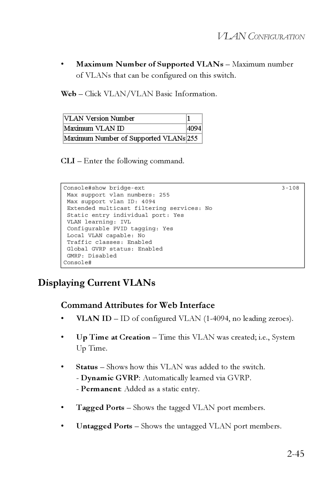 SMC Networks SMC6750L2 manual Displaying Current VLANs, Command Attributes for Web Interface 