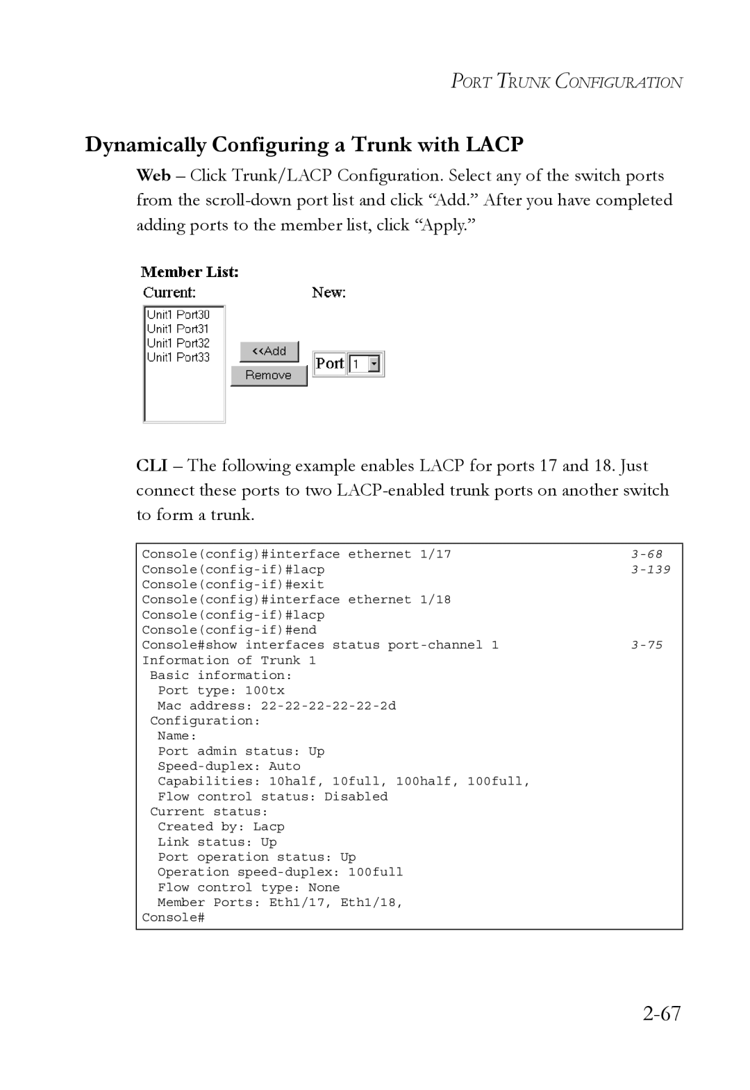 SMC Networks SMC6750L2 manual Dynamically Configuring a Trunk with Lacp, 139 